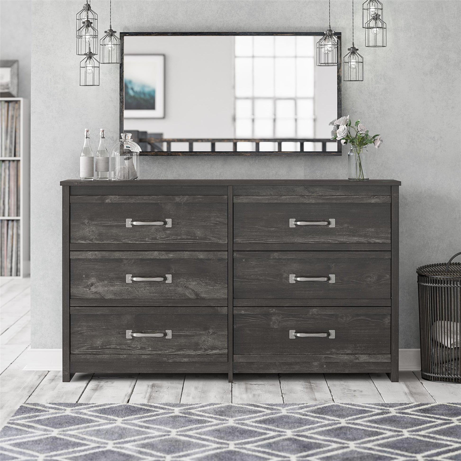 Draven Rustic Modern 6 Drawer Dresser with Pewter Handles - Black Oak
