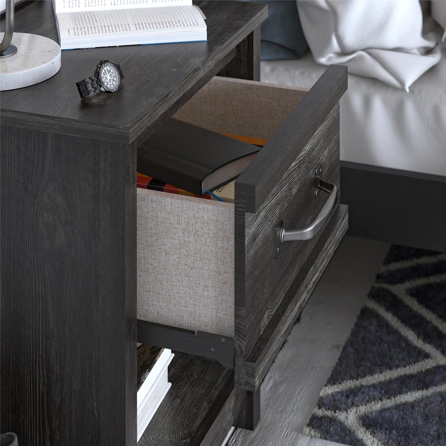 Draven Rustic Modern 1 Drawer Nightstand with Pewter Handles - Black Oak