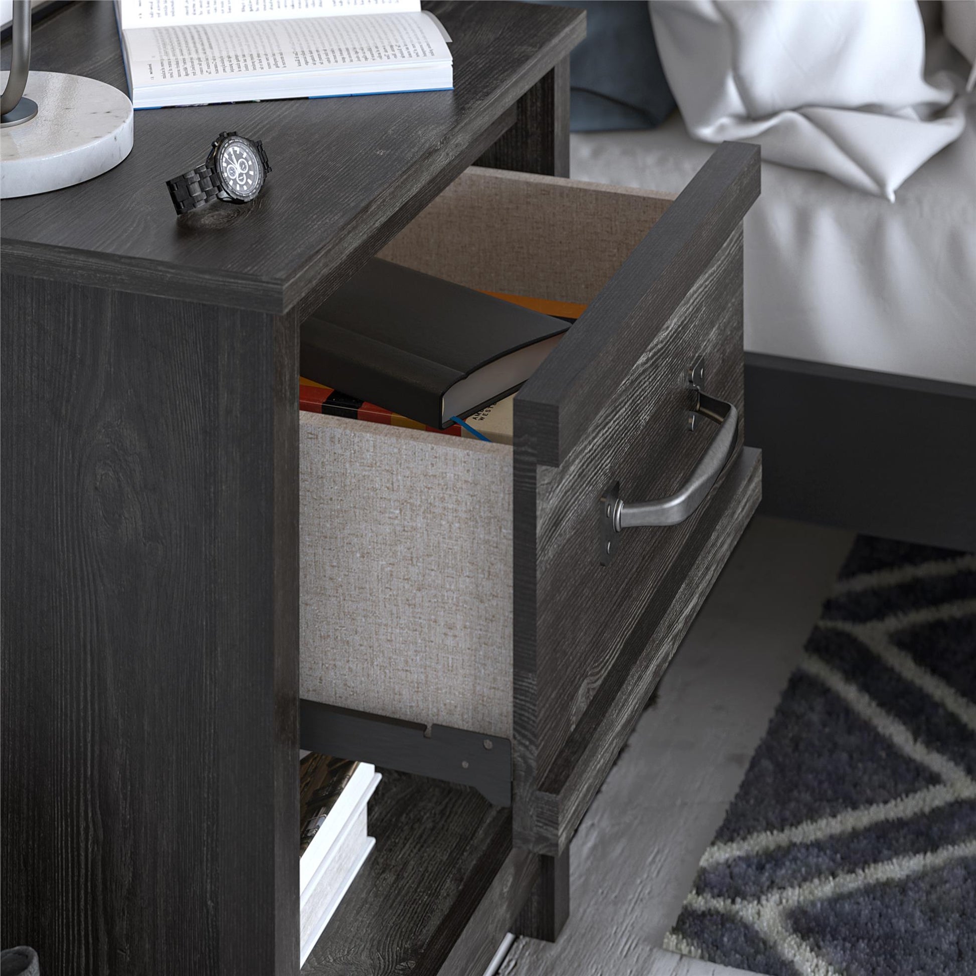 Draven Rustic Modern 1 Drawer Nightstand with Pewter Handles - Black Oak