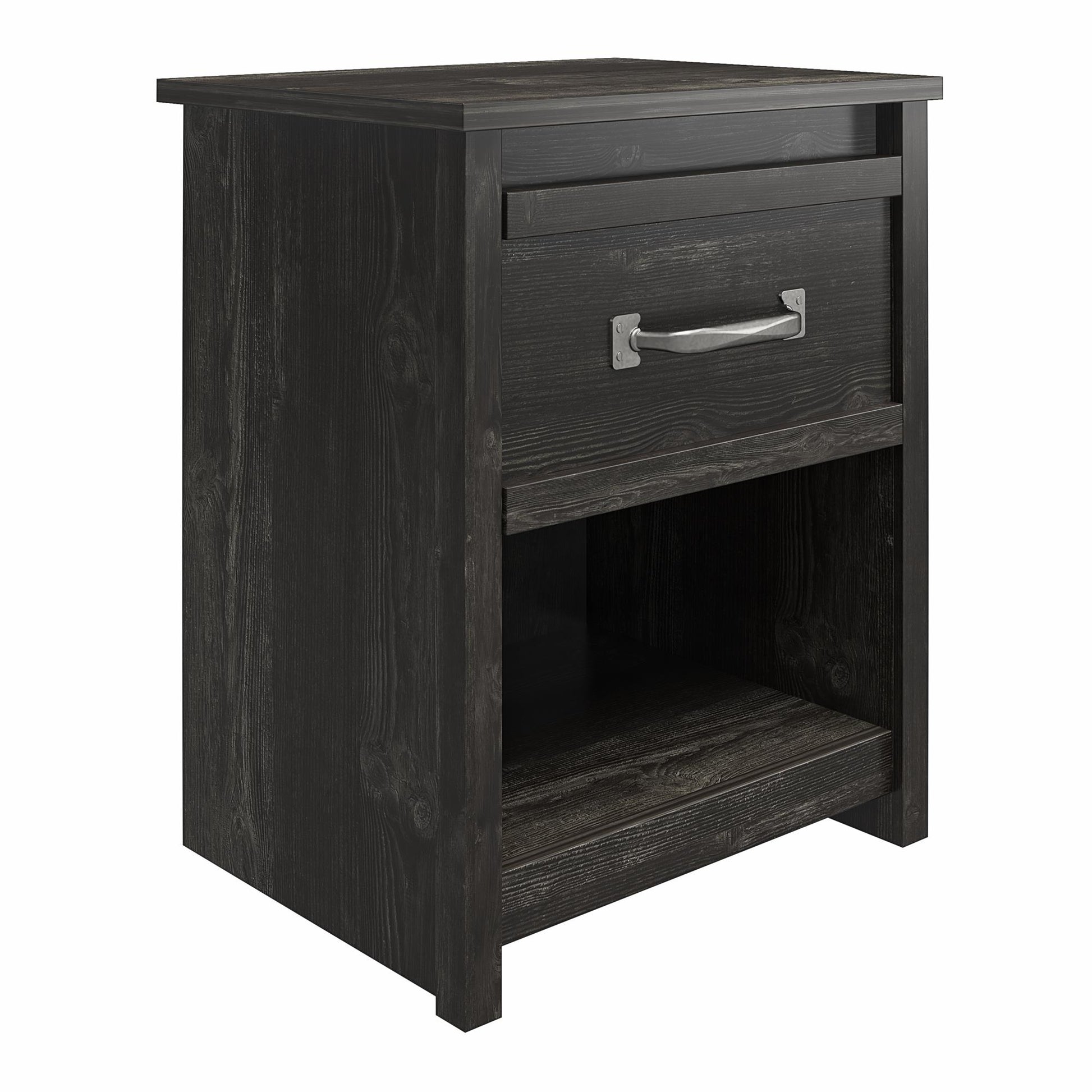 Draven Rustic Modern 1 Drawer Nightstand with Pewter Handles - Black Oak