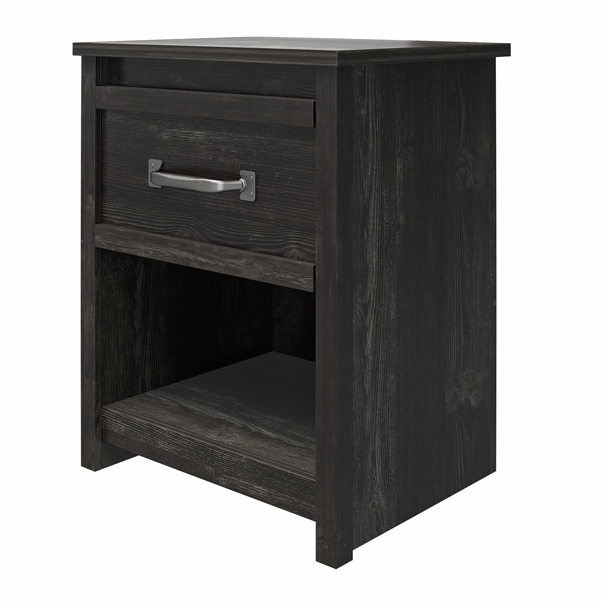Draven Rustic Modern 1 Drawer Nightstand with Pewter Handles - Black Oak