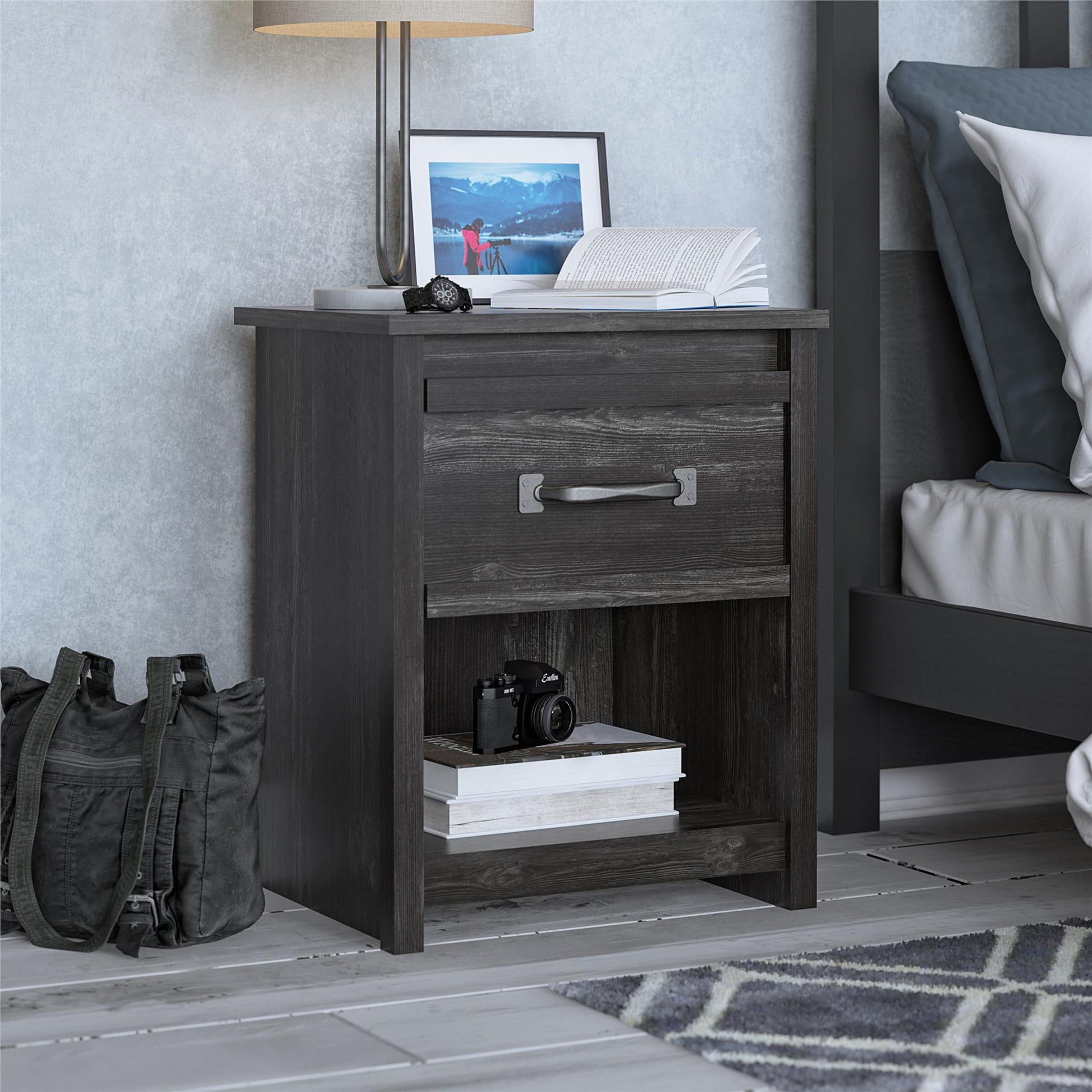 Draven Rustic Modern 1 Drawer Nightstand with Pewter Handles - Black Oak