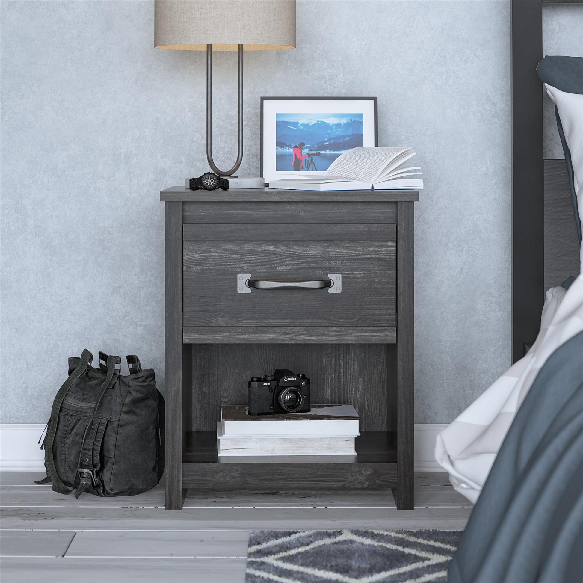 Draven Rustic Modern 1 Drawer Nightstand with Pewter Handles - Black Oak
