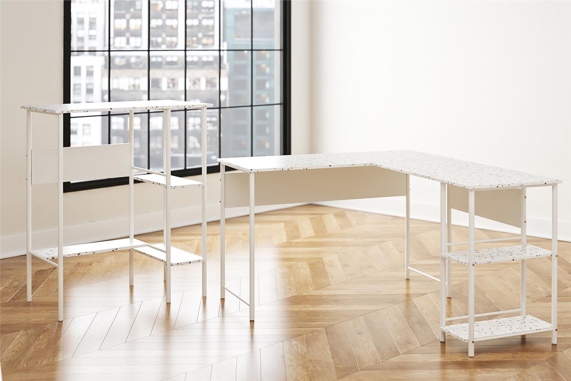 Berkeley Standing Desk with Open Shelves and Large Work Surface - Terrazzo