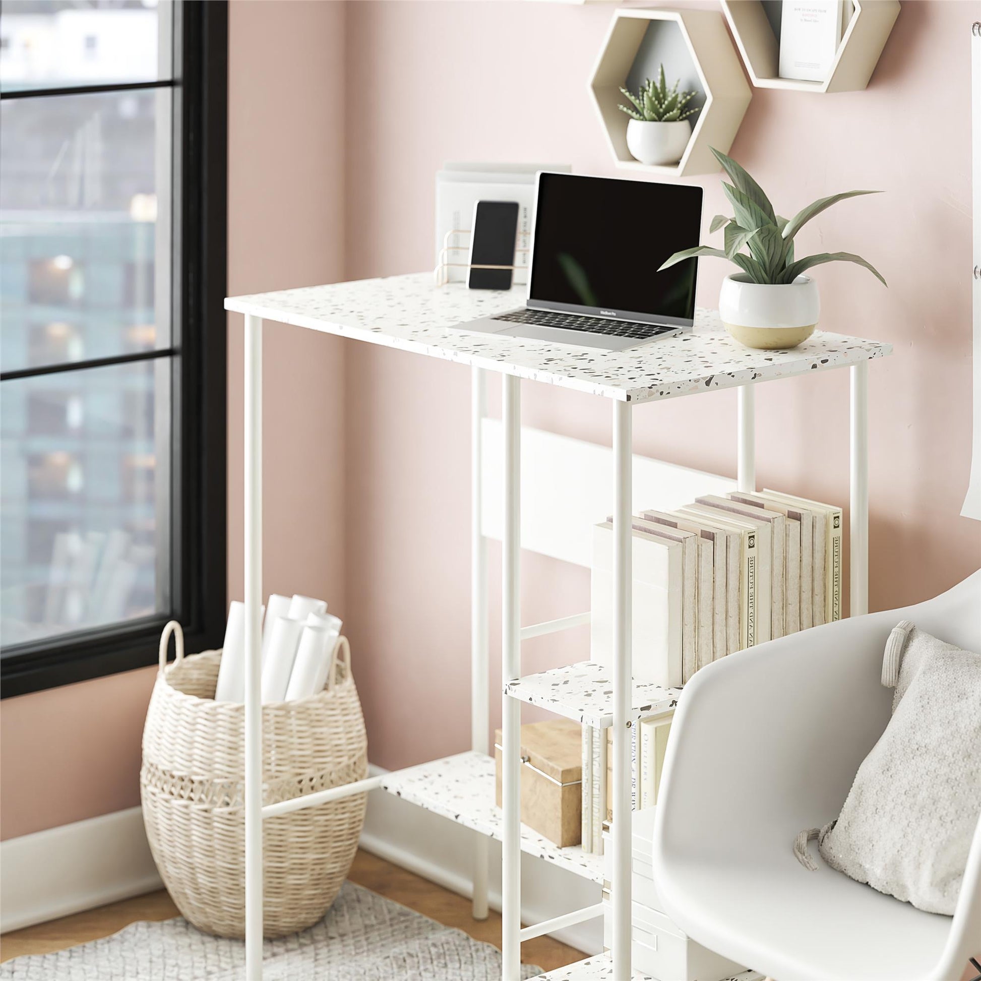 Berkeley Standing Desk with Open Shelves and Large Work Surface - Terrazzo