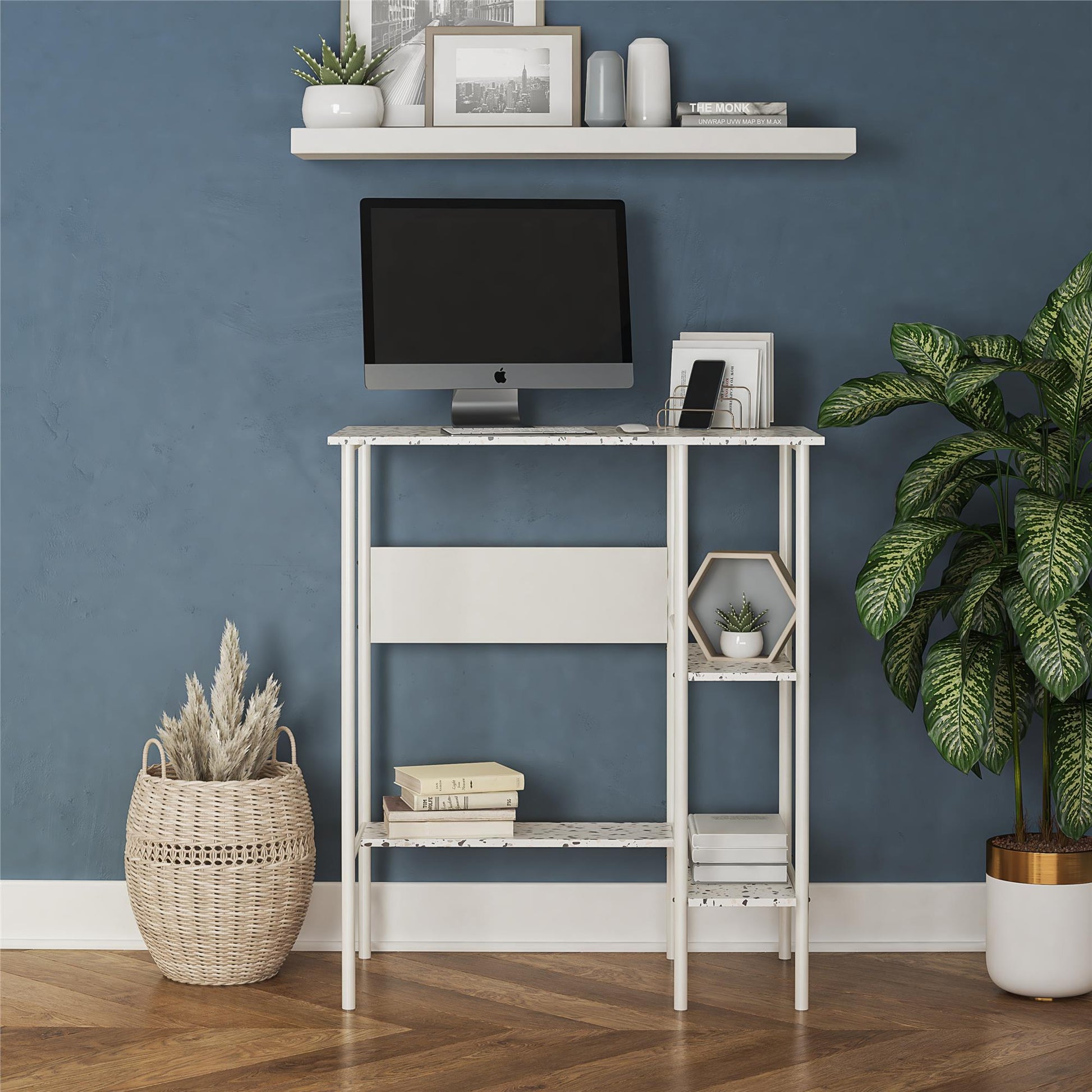 Berkeley Standing Desk with Open Shelves and Large Work Surface - Terrazzo