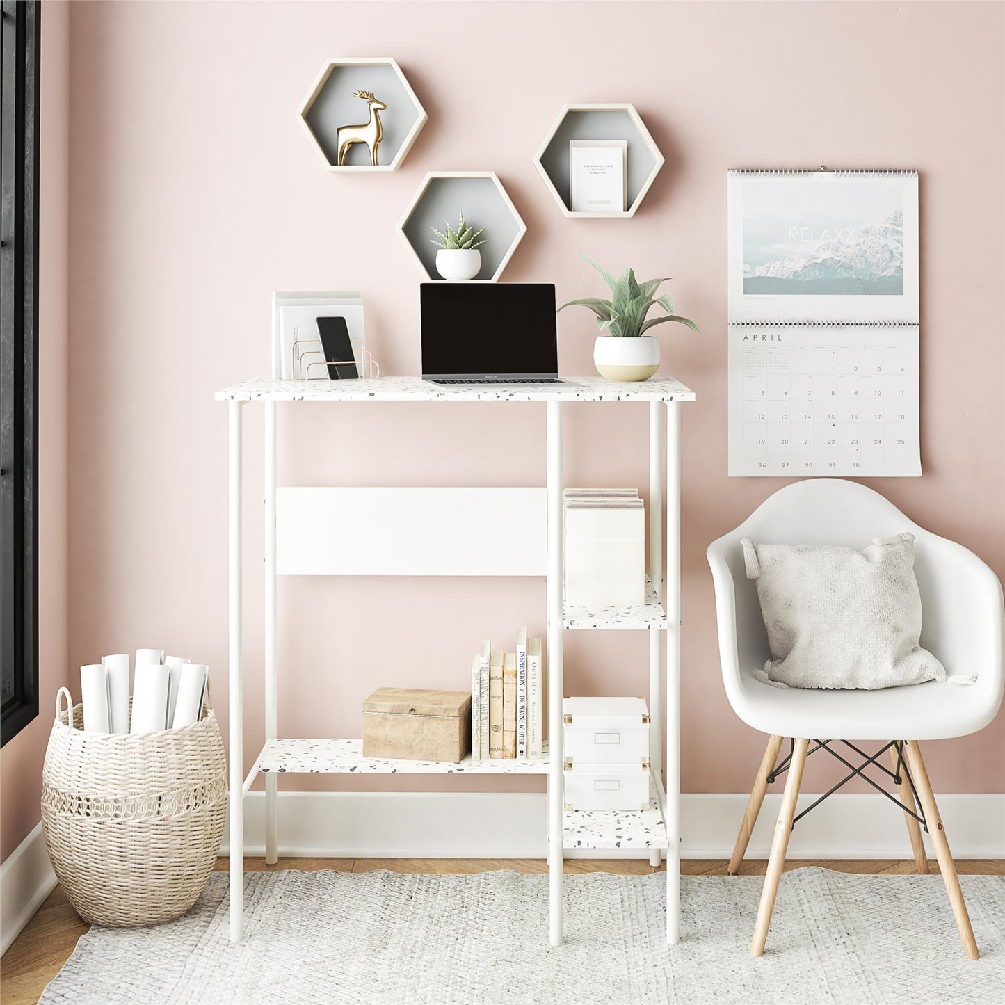 Berkeley Standing Desk with Open Shelves and Large Work Surface - Terrazzo