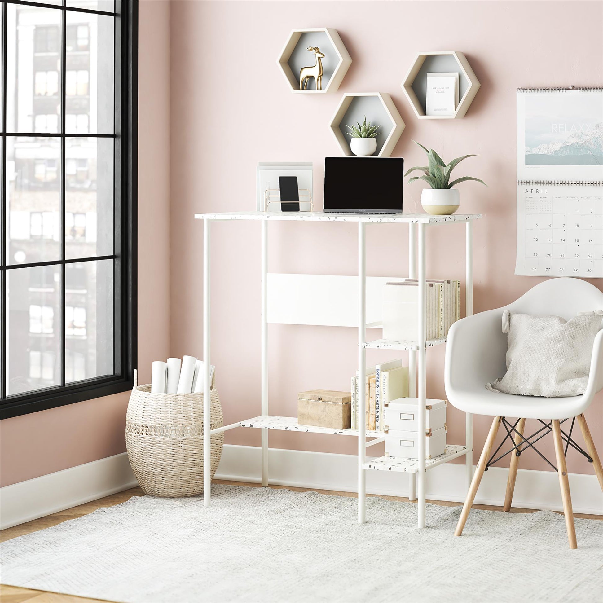 Berkeley Standing Desk with Open Shelves and Large Work Surface - Terrazzo