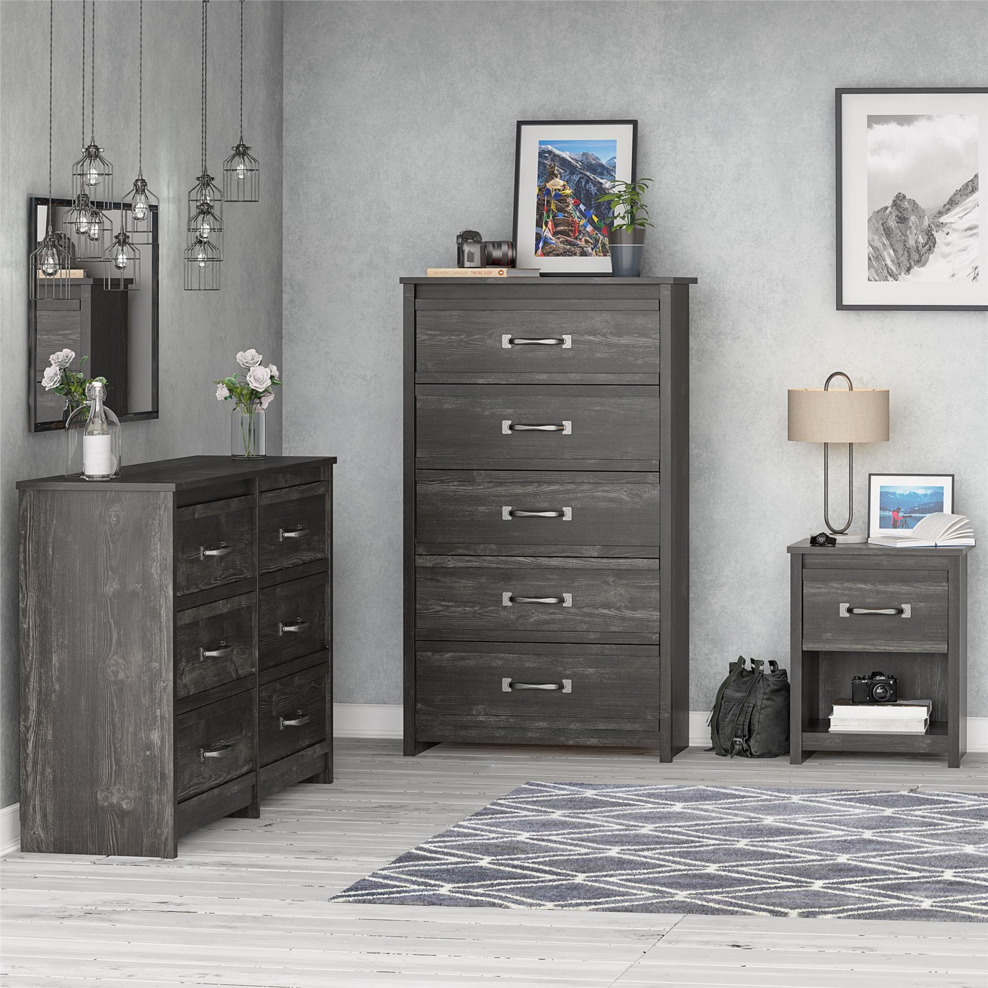 Draven Rustic Modern 5 Drawer Dresser with Pewter Handles - Black Oak
