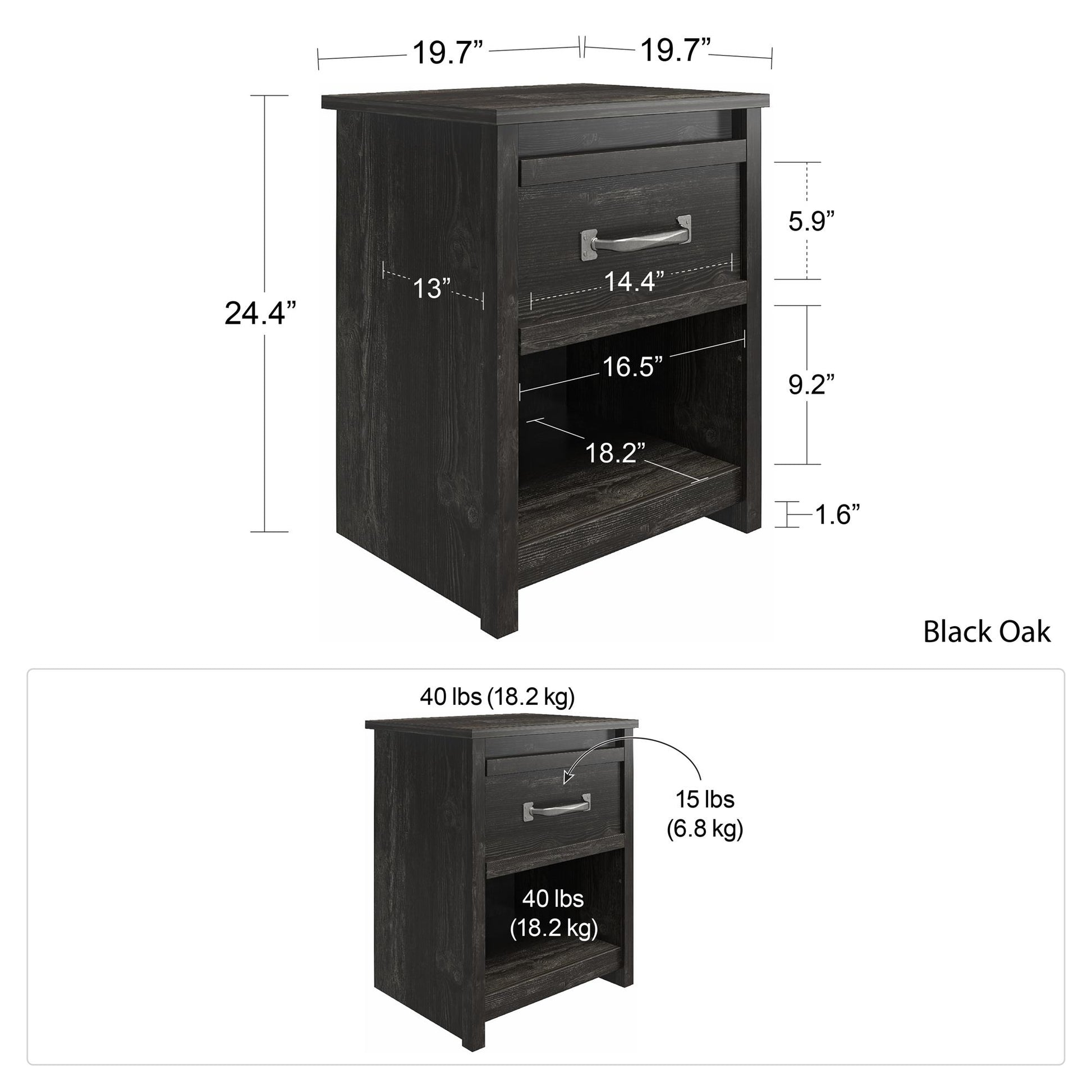 Draven Rustic Modern 1 Drawer Nightstand with Pewter Handles - Black Oak