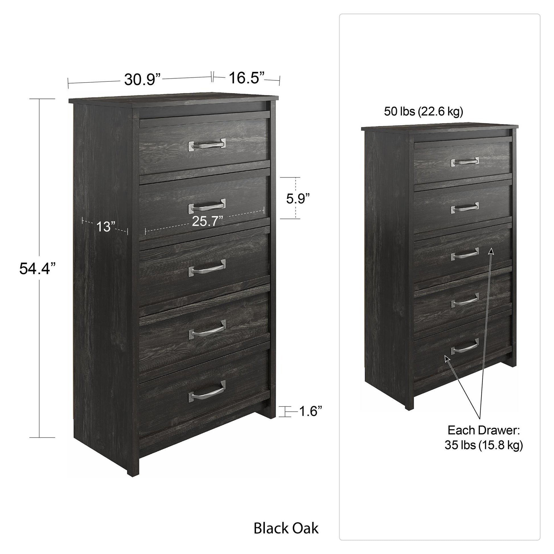 Draven Rustic Modern 5 Drawer Dresser with Pewter Handles - Black Oak
