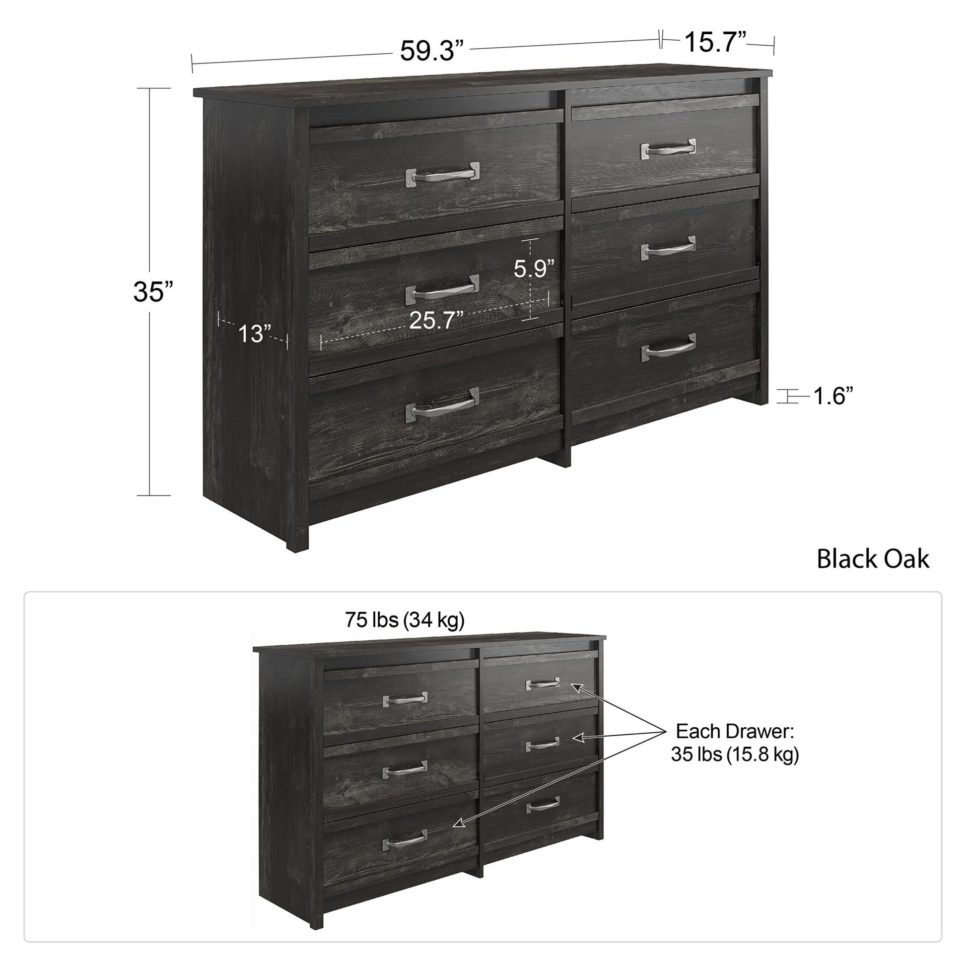 Draven Rustic Modern 6 Drawer Dresser with Pewter Handles - Black Oak