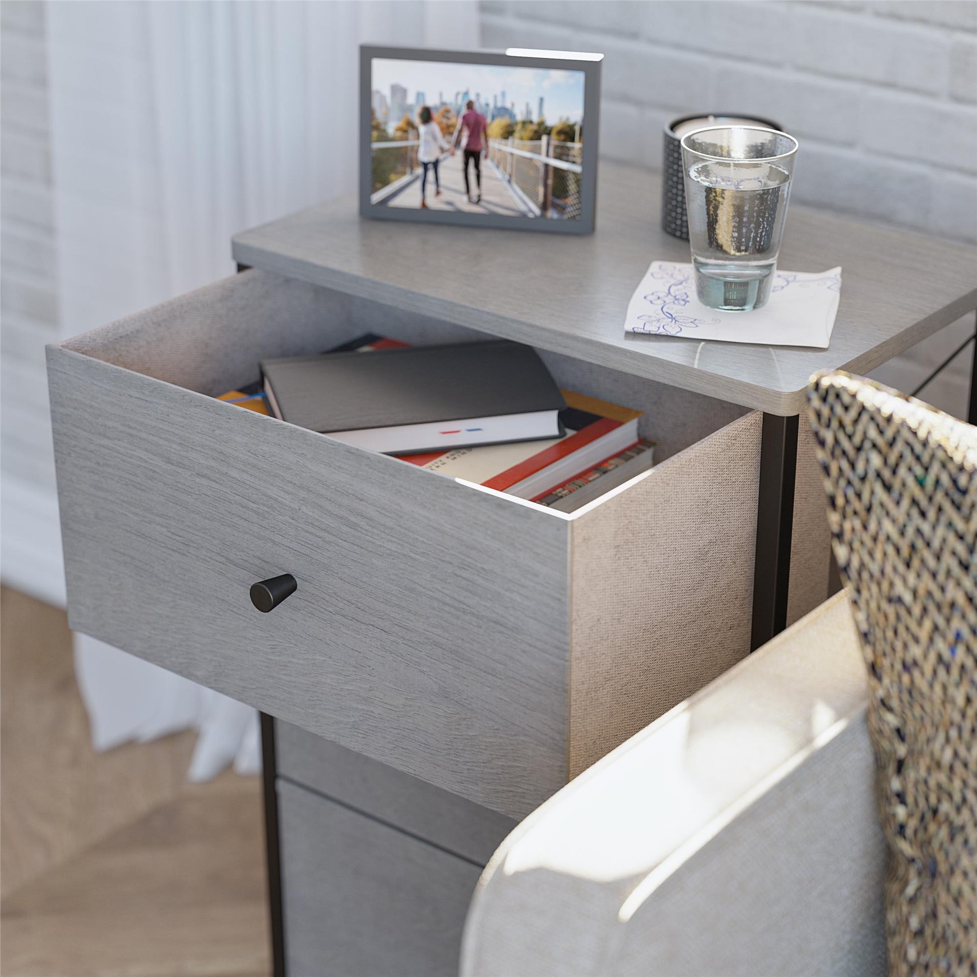 Keegan 3 Drawer Fabric Bin Storage Organizer with Metal Frame - Gray Oak