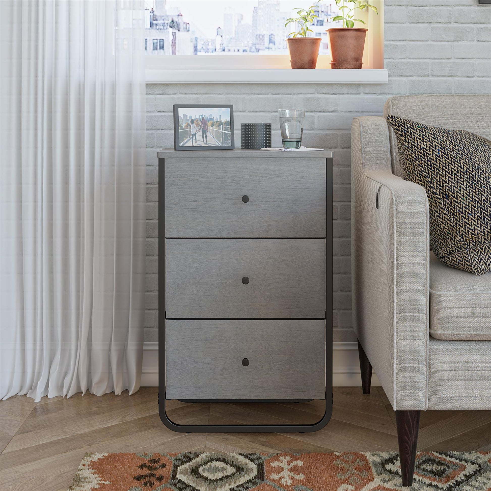 Keegan 3 Drawer Fabric Bin Storage Organizer with Metal Frame - Gray Oak