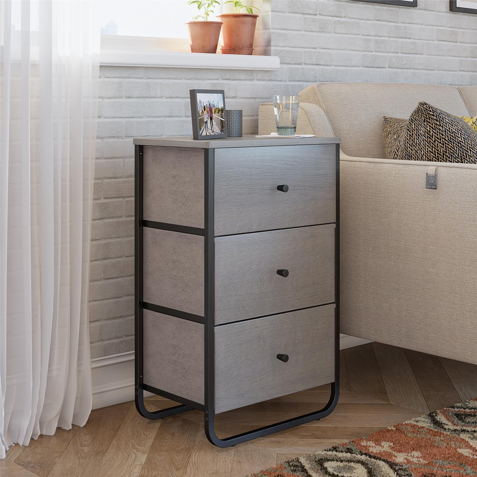 Keegan 3 Drawer Fabric Bin Storage Organizer with Metal Frame - Gray Oak