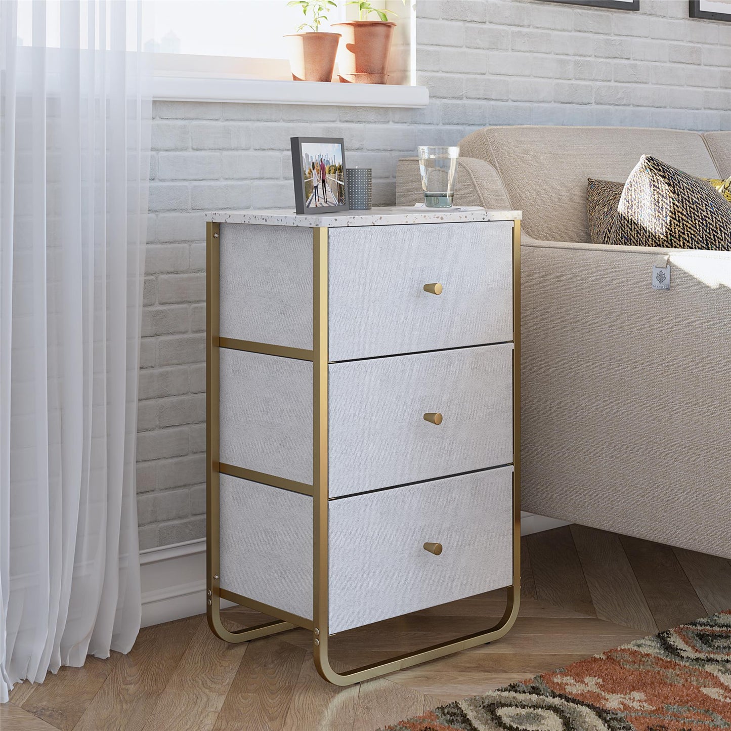 Keegan 3 Drawer Fabric Bin Storage Organizer with Metal Frame - Terrazzo