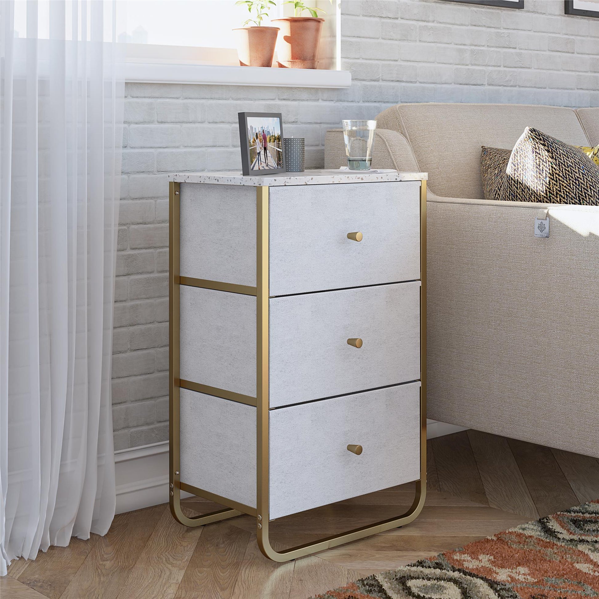 Keegan 3 Drawer Fabric Bin Storage Organizer with Metal Frame - Terrazzo