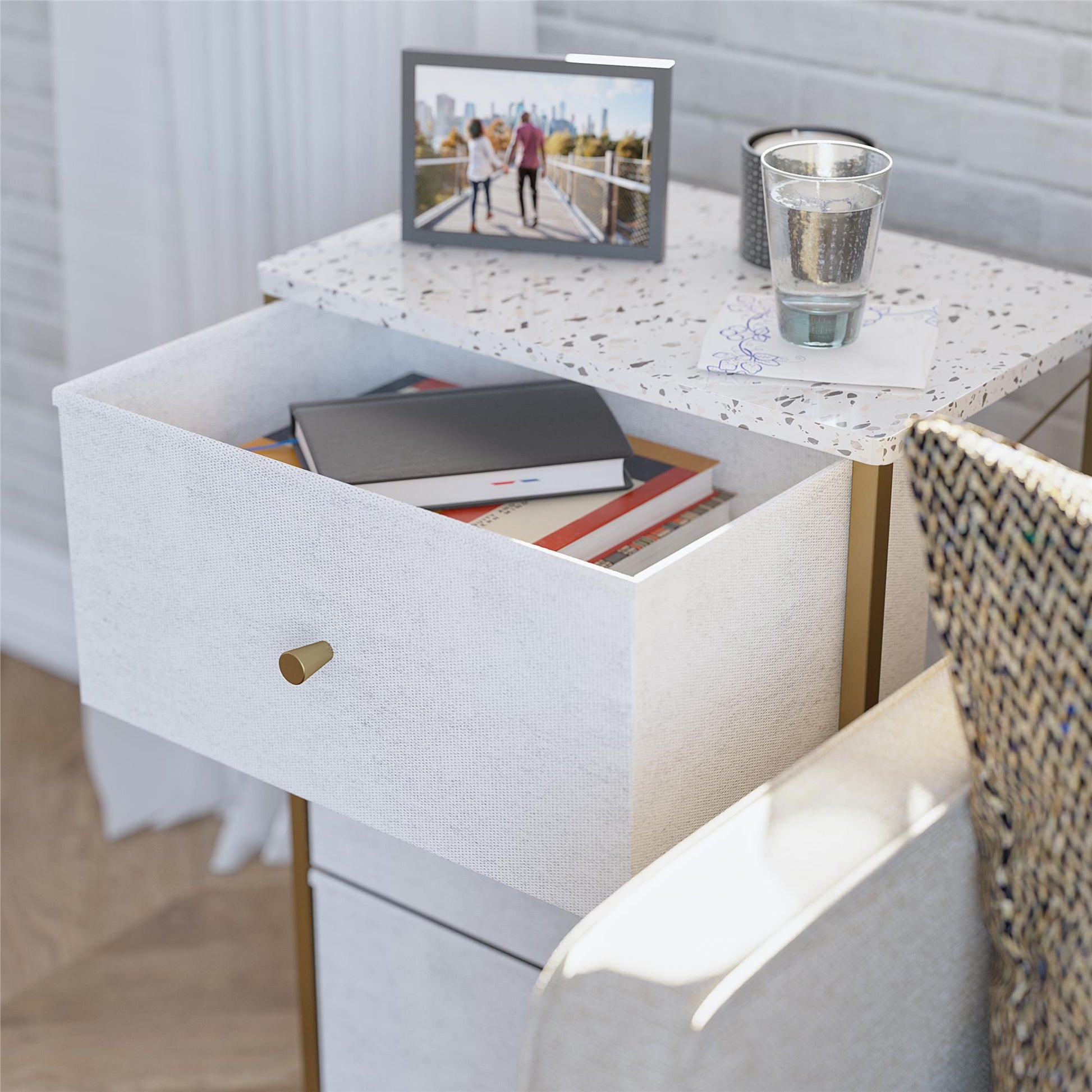 Keegan 3 Drawer Fabric Bin Storage Organizer with Metal Frame - Terrazzo