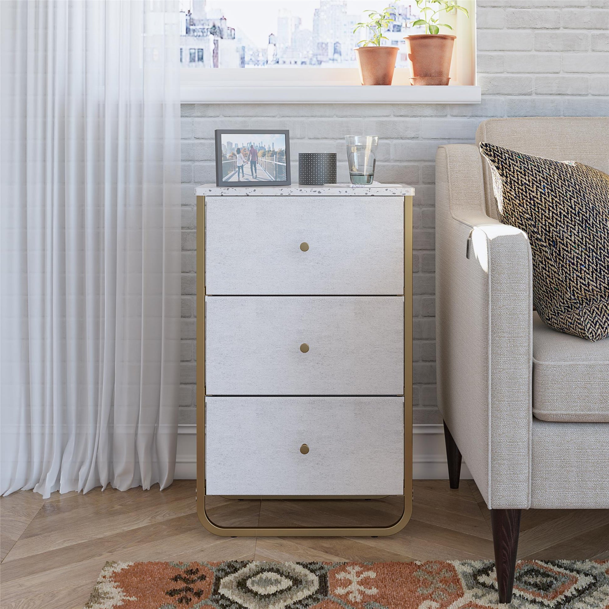 Keegan 3 Drawer Fabric Bin Storage Organizer with Metal Frame - Terrazzo
