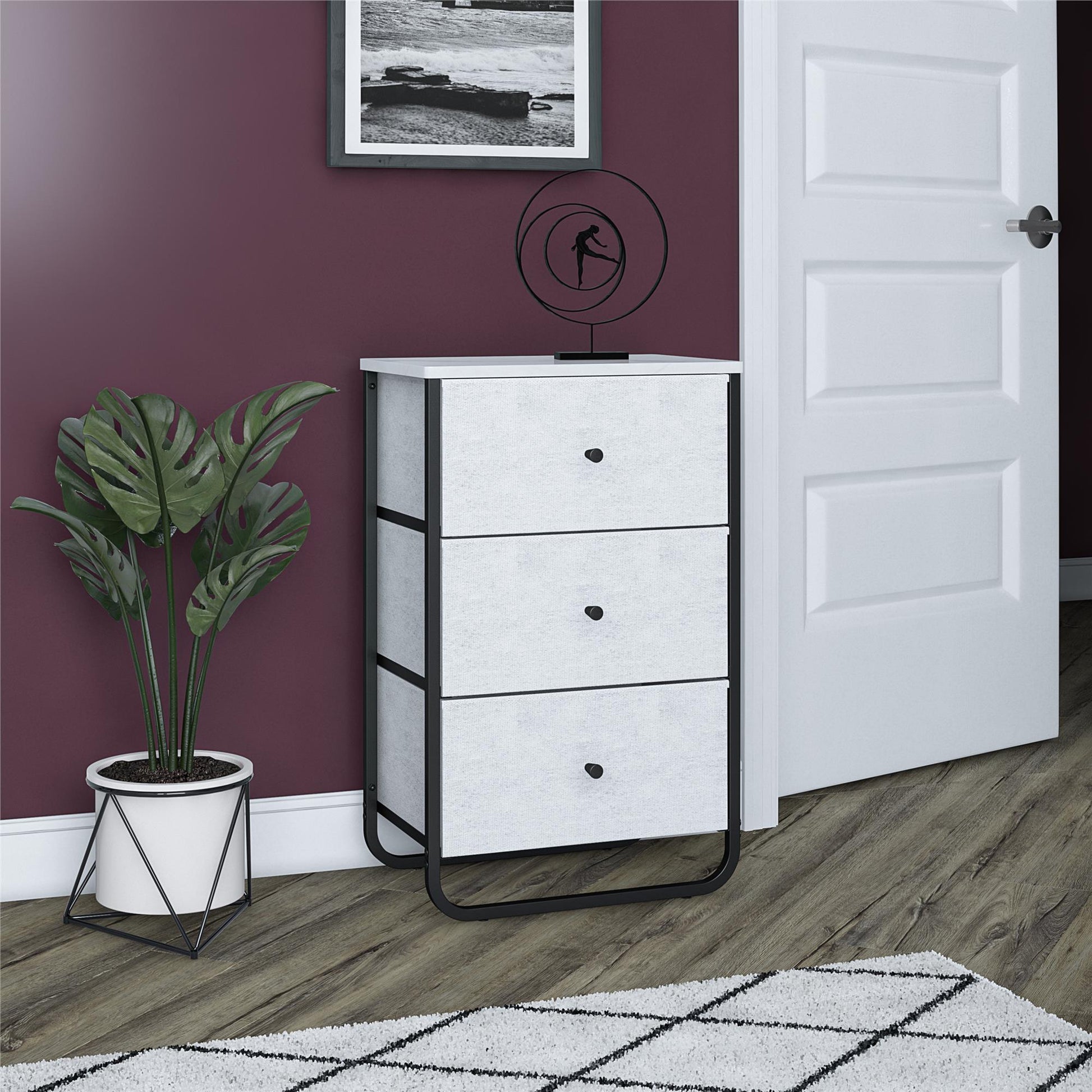 Keegan 3 Drawer Fabric Bin Storage Organizer with Metal Frame - White marble