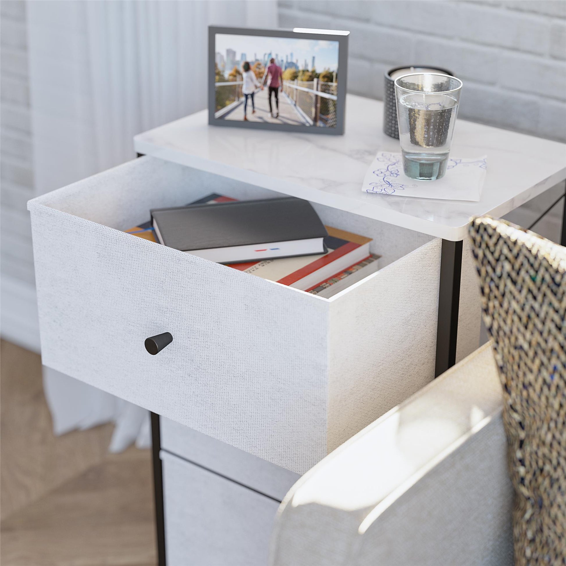 Keegan 3 Drawer Fabric Bin Storage Organizer with Metal Frame - White marble