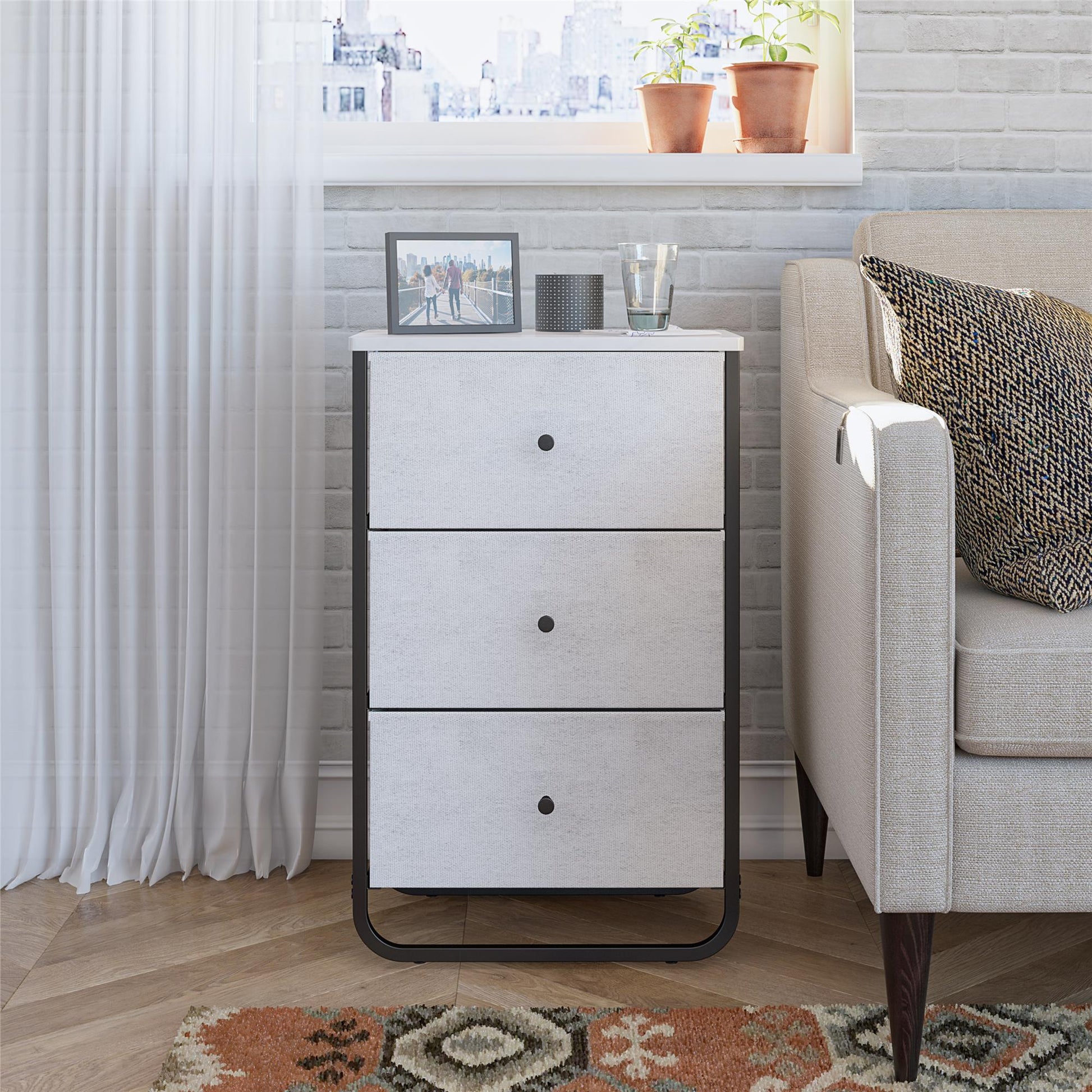 Keegan 3 Drawer Fabric Bin Storage Organizer with Metal Frame - White marble