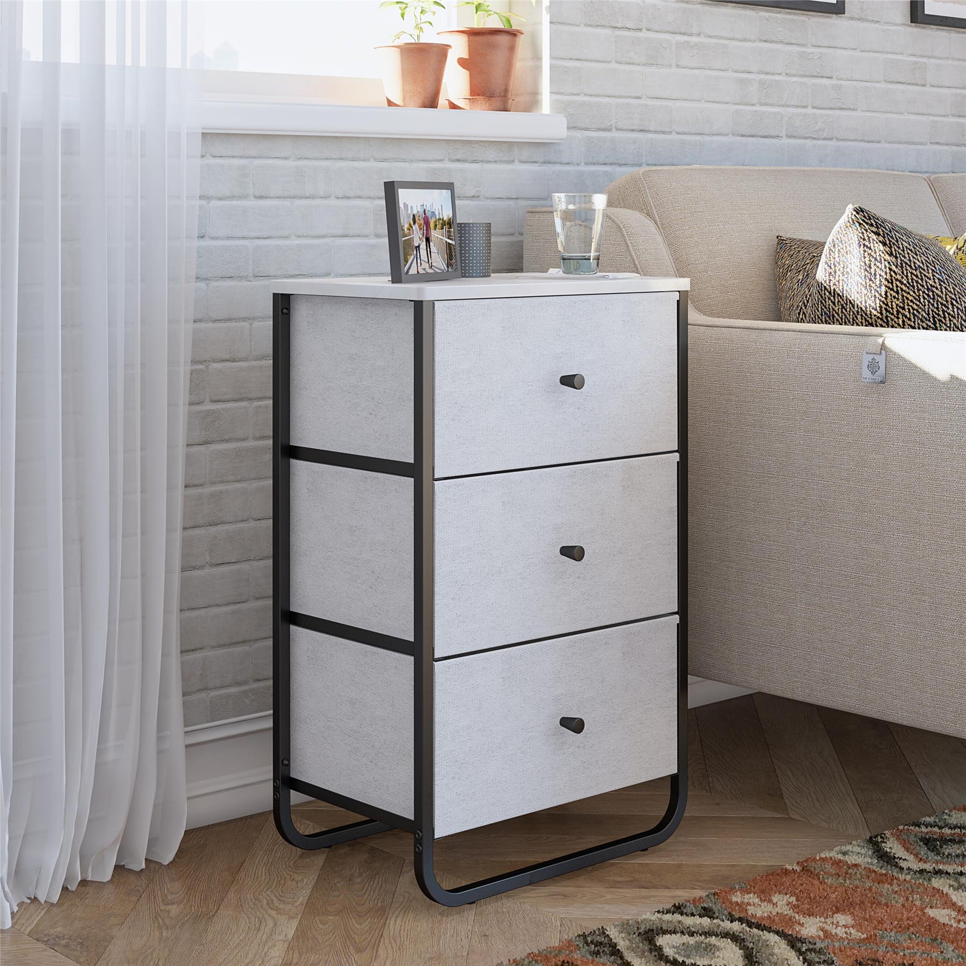 Keegan 3 Drawer Fabric Bin Storage Organizer with Metal Frame - White marble