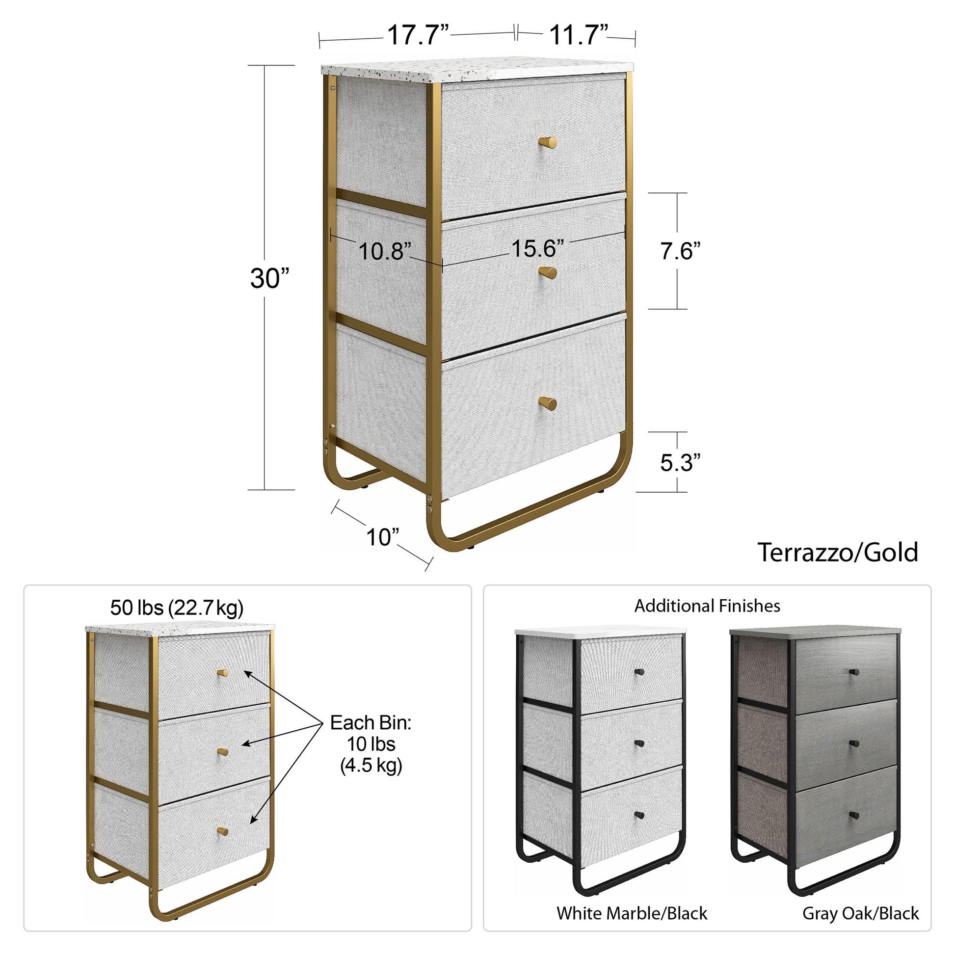 Keegan 3 Drawer Fabric Bin Storage Organizer with Metal Frame - White marble