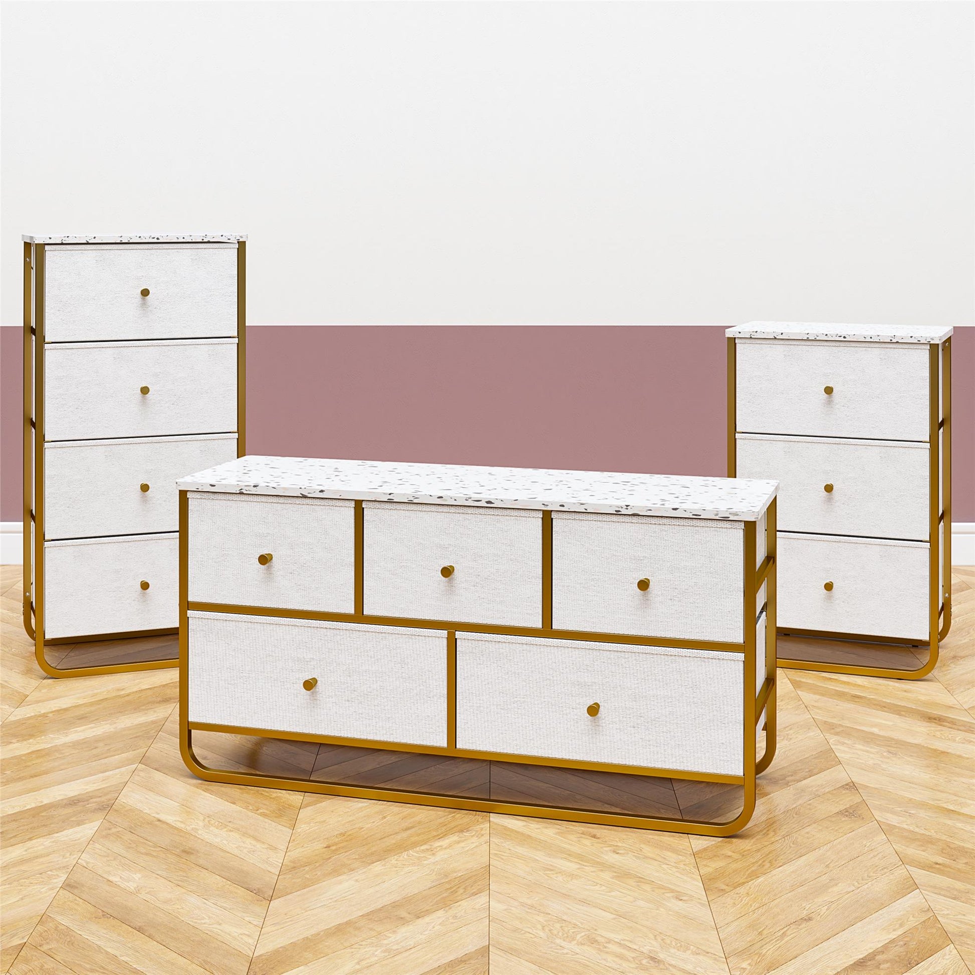 Keegan 3 Drawer Fabric Bin Storage Organizer with Metal Frame - Terrazzo
