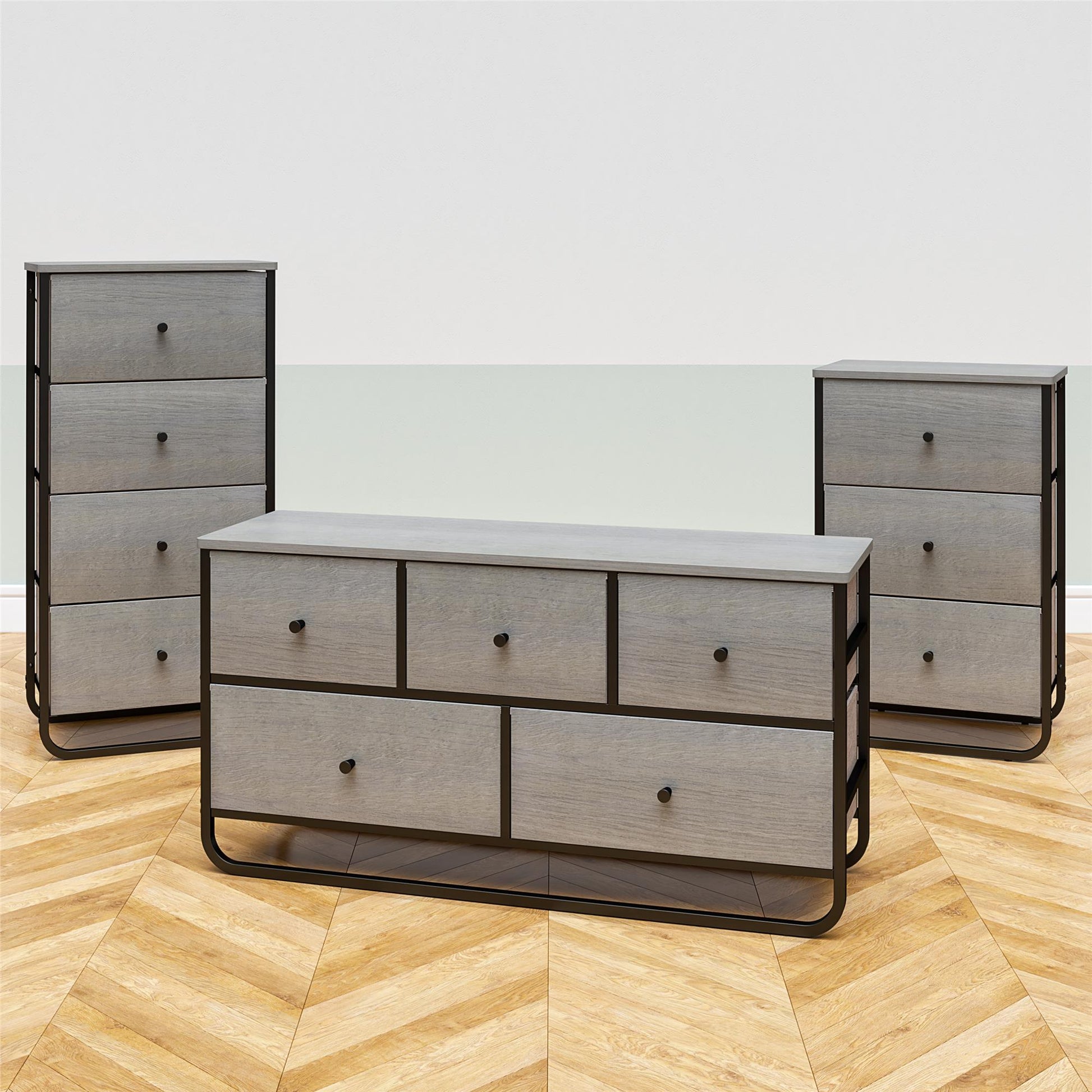 Keegan 3 Drawer Fabric Bin Storage Organizer with Metal Frame - Gray Oak