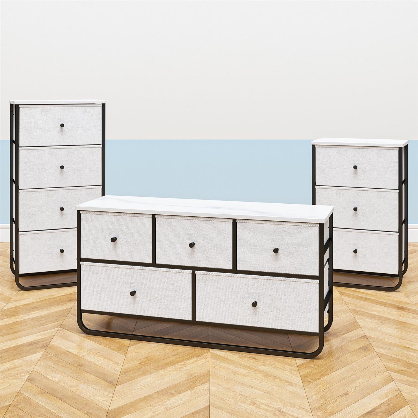 Keegan 3 Drawer Fabric Bin Storage Organizer with Metal Frame - White marble