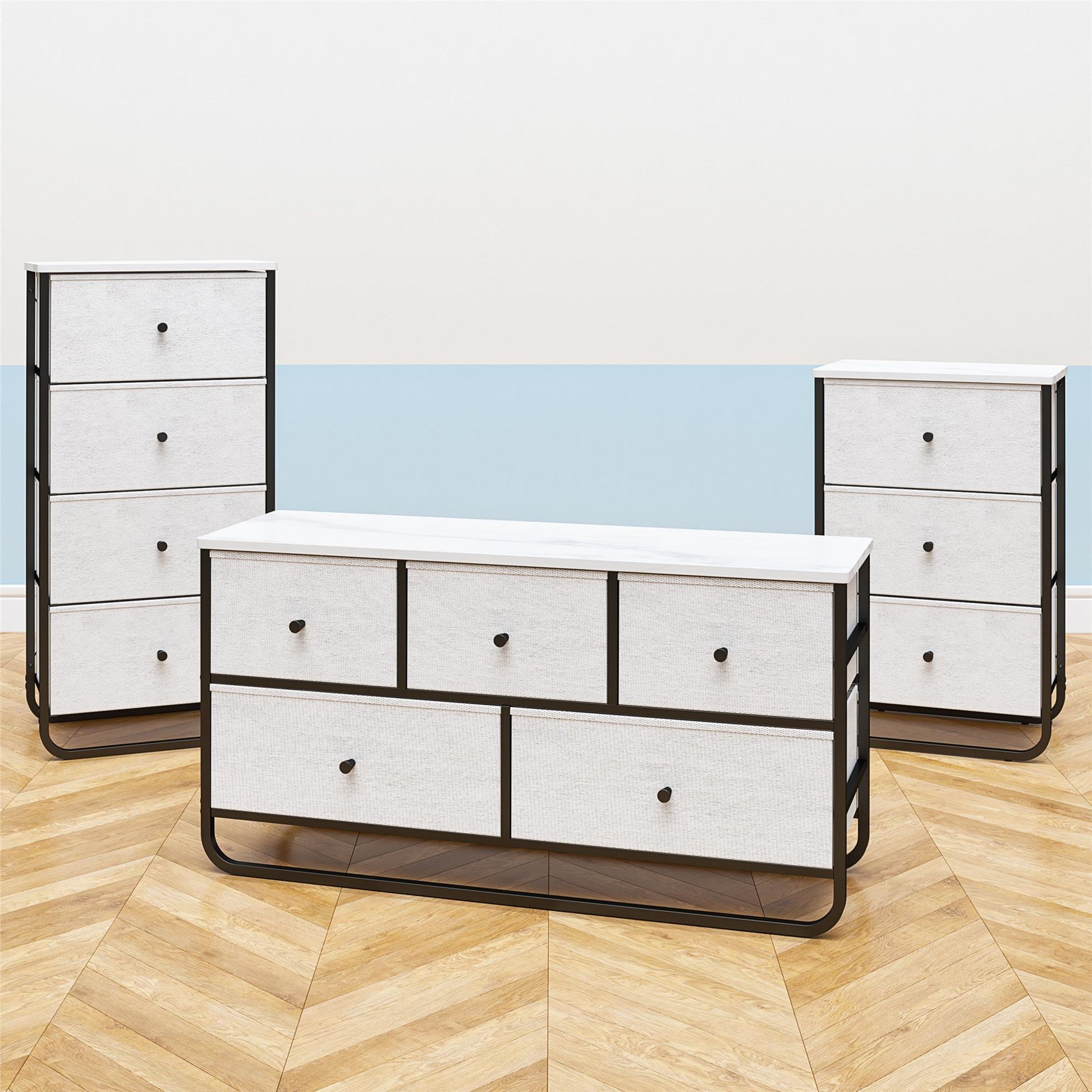 Keegan 3 Drawer Fabric Bin Storage Organizer with Metal Frame - White marble