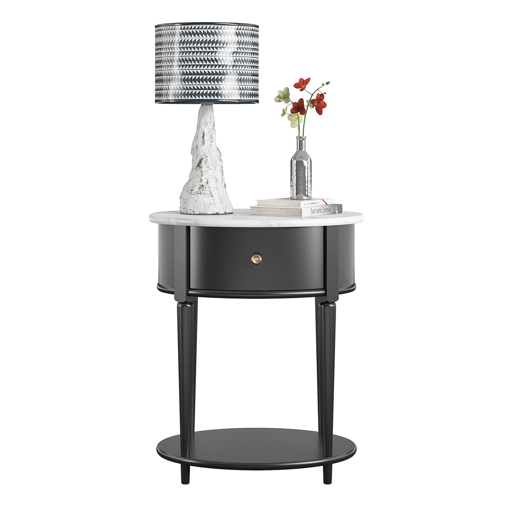 Aurora Rounded End Table with Drawer and Lower Shelf - White marble