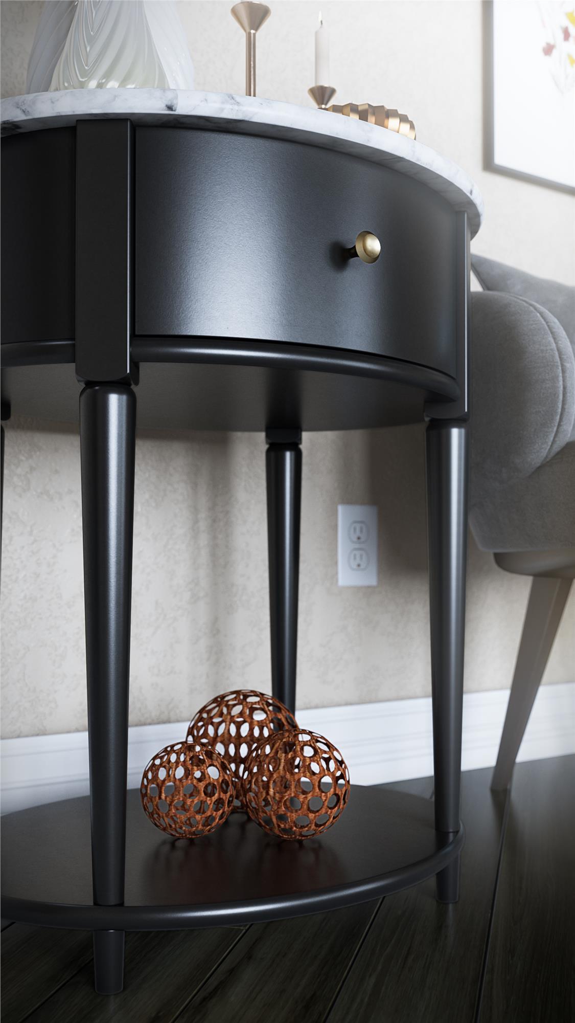 Aurora Rounded End Table with Drawer and Lower Shelf - White marble