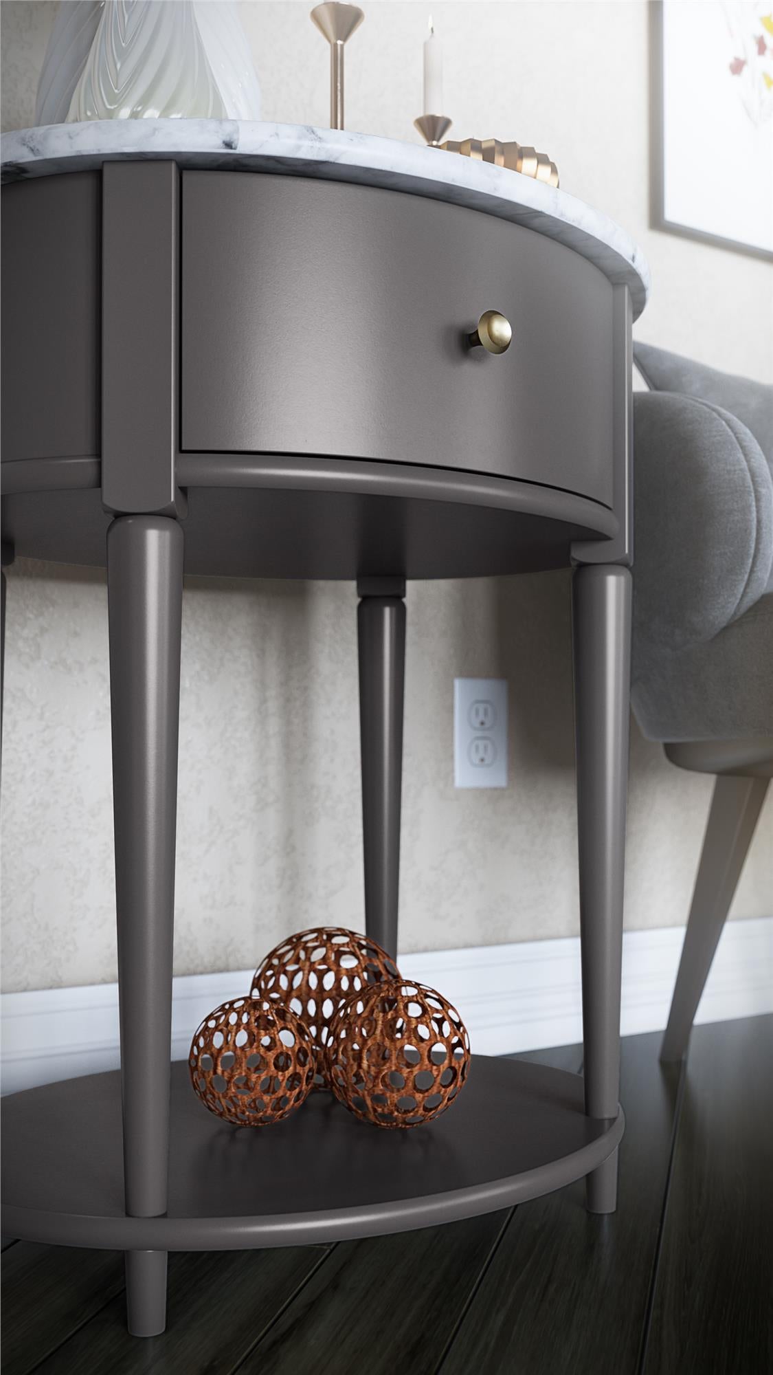 Aurora Rounded End Table with Drawer and Lower Shelf - Graphite