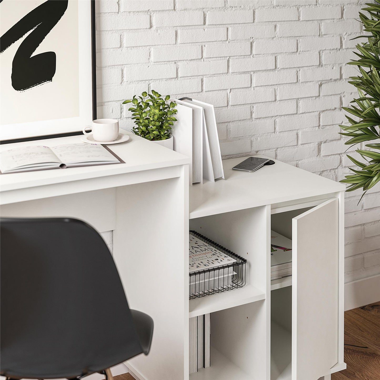 Ravelston Computer Desk and Cabinet Combo with Wireless Charging Port - White