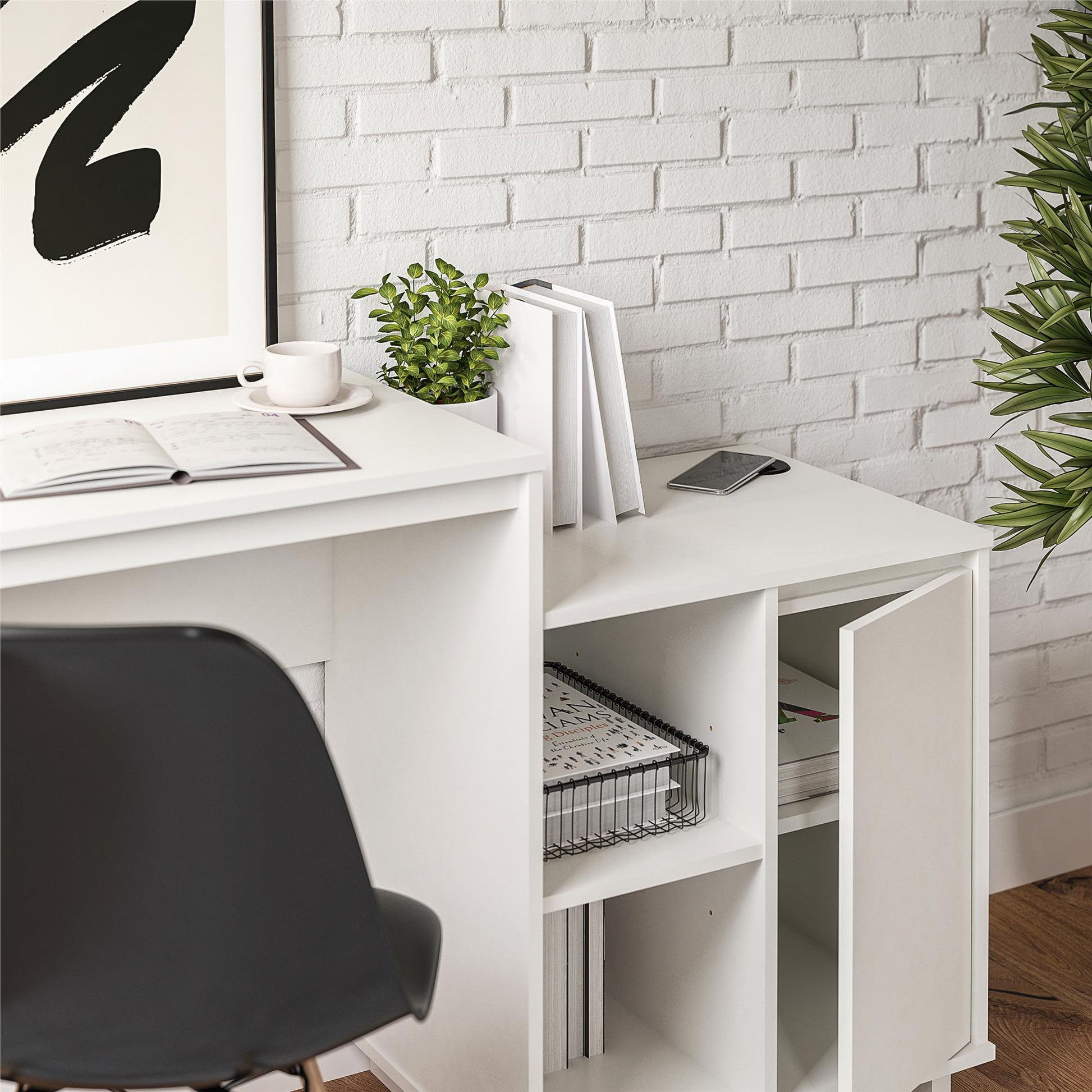 Ravelston Computer Desk and Cabinet Combo with Wireless Charging Port - White