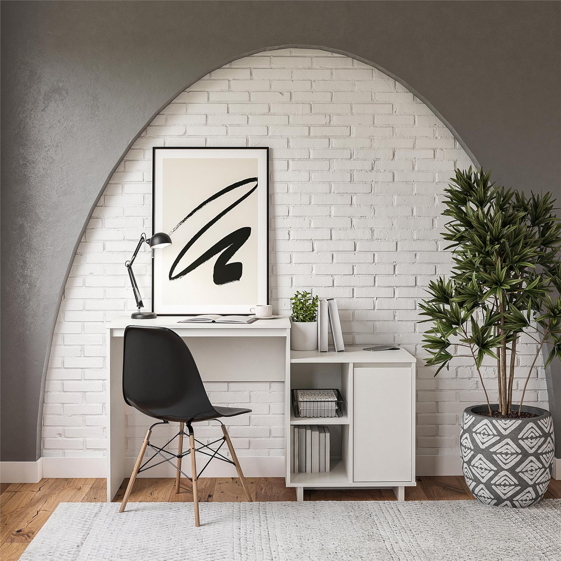 Ravelston Computer Desk and Cabinet Combo with Wireless Charging Port - White
