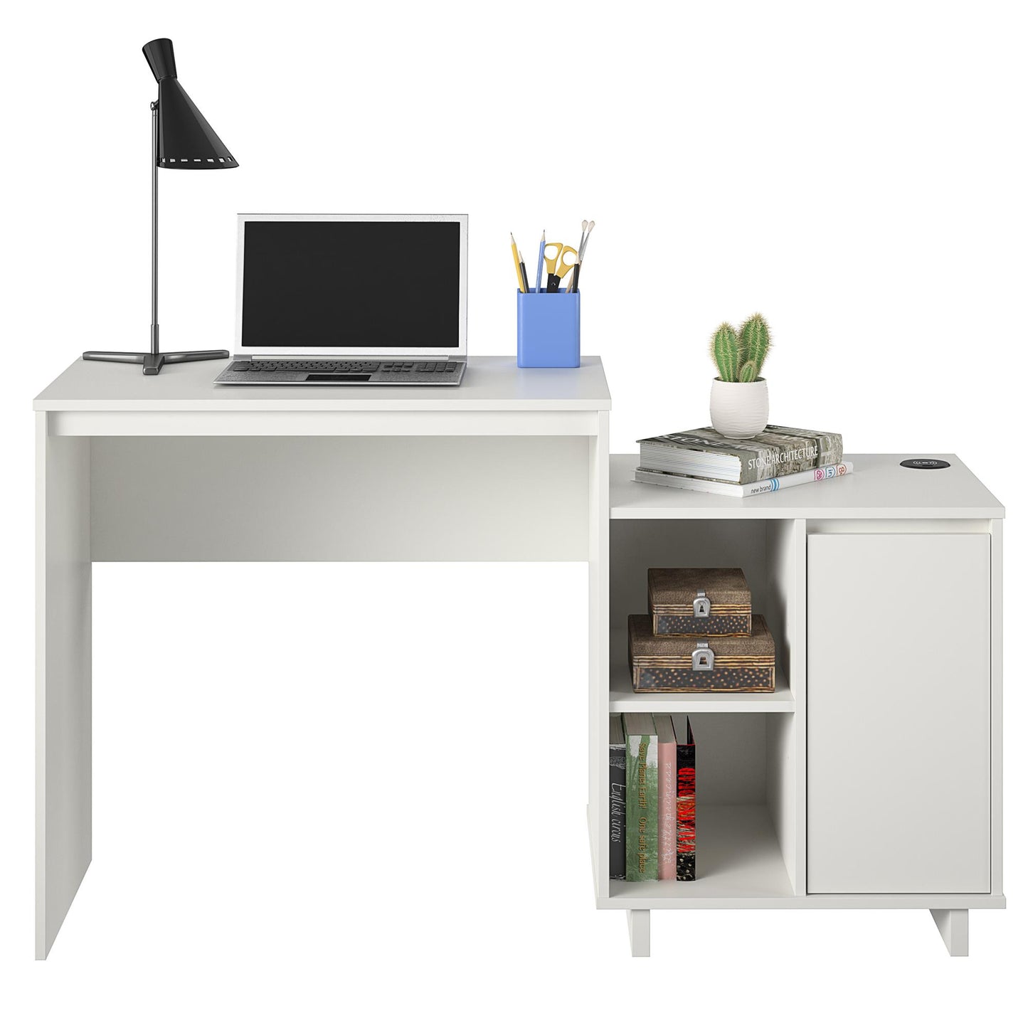 Ravelston Computer Desk and Cabinet Combo with Wireless Charging Port - White