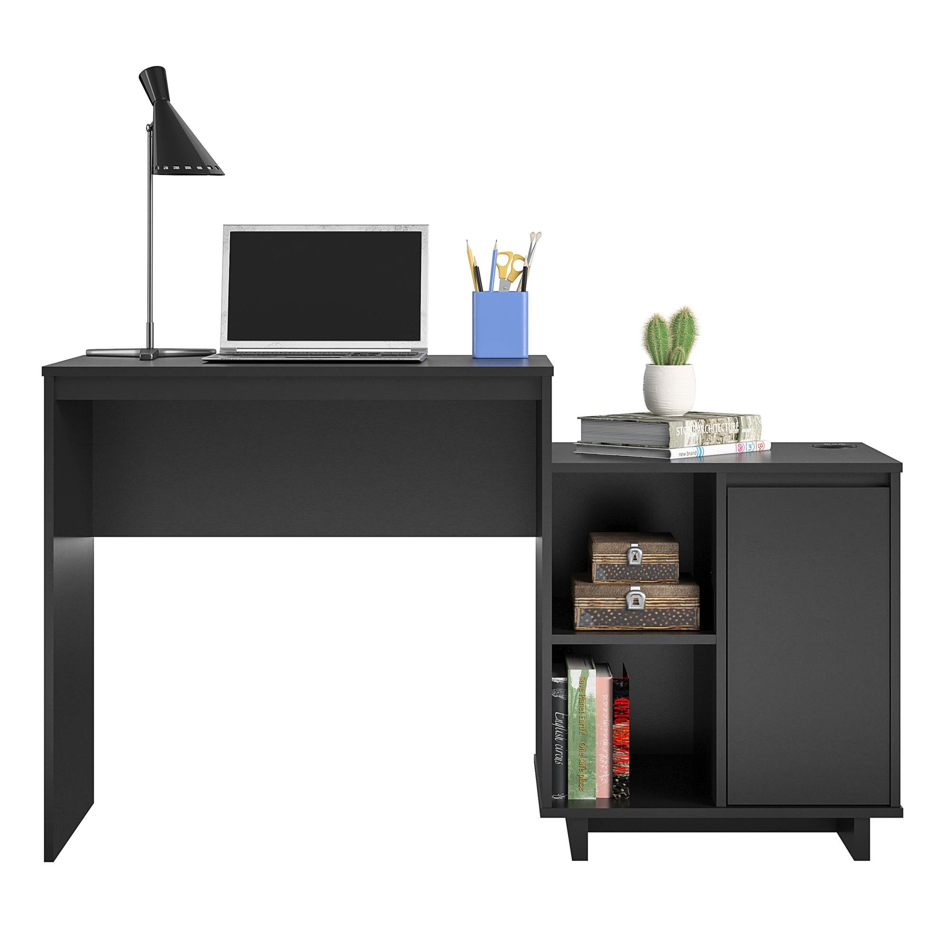 Ravelston Computer Desk and Cabinet Combo with Wireless Charging Port - Black