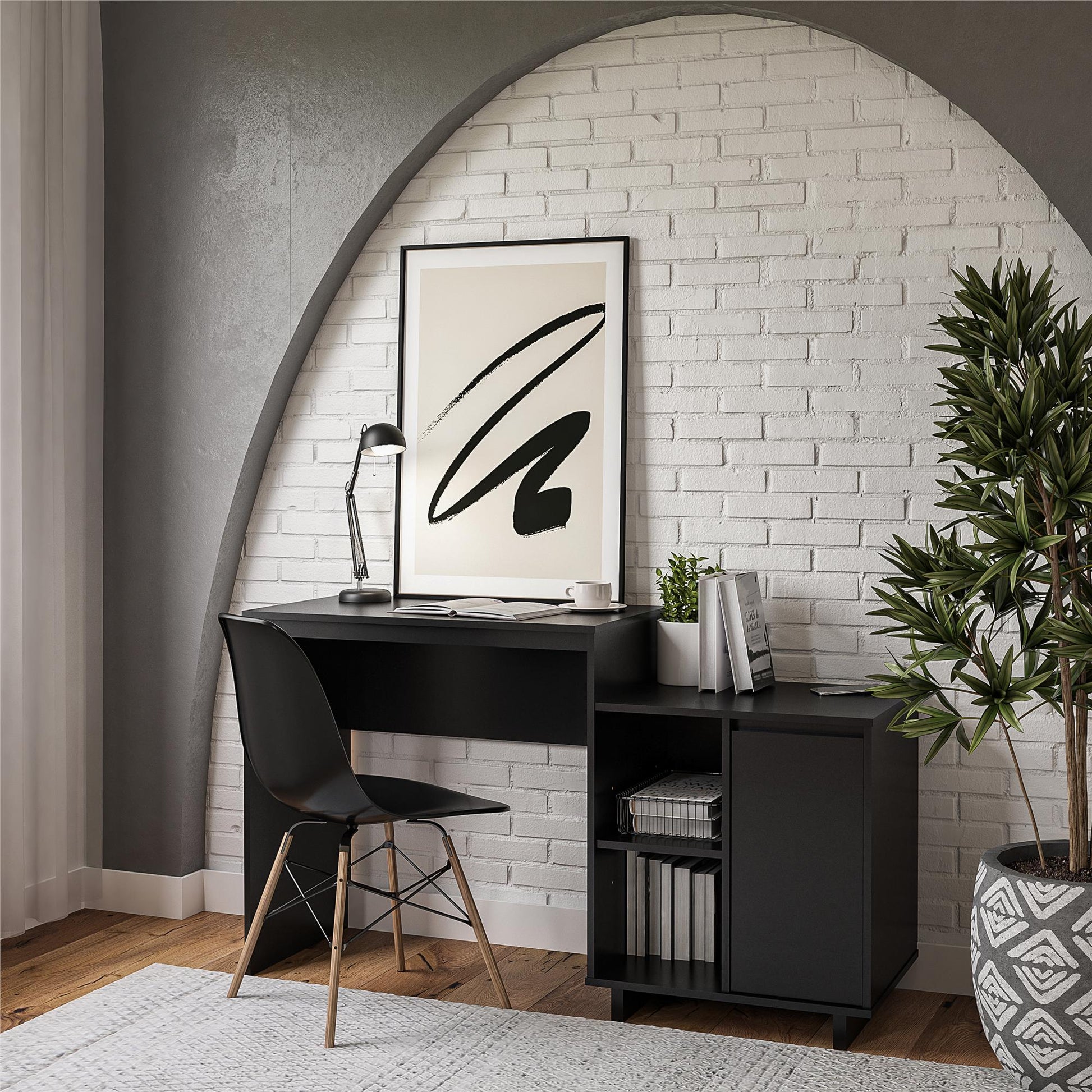 Ravelston Computer Desk and Cabinet Combo with Wireless Charging Port - Black