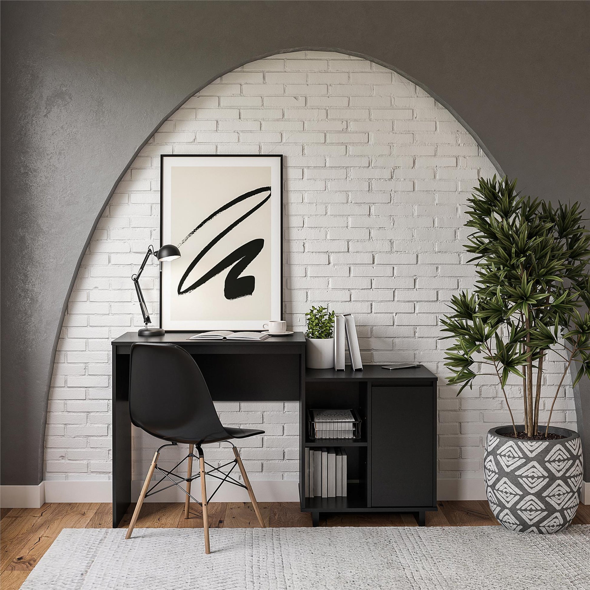 Ravelston Computer Desk and Cabinet Combo with Wireless Charging Port - Black