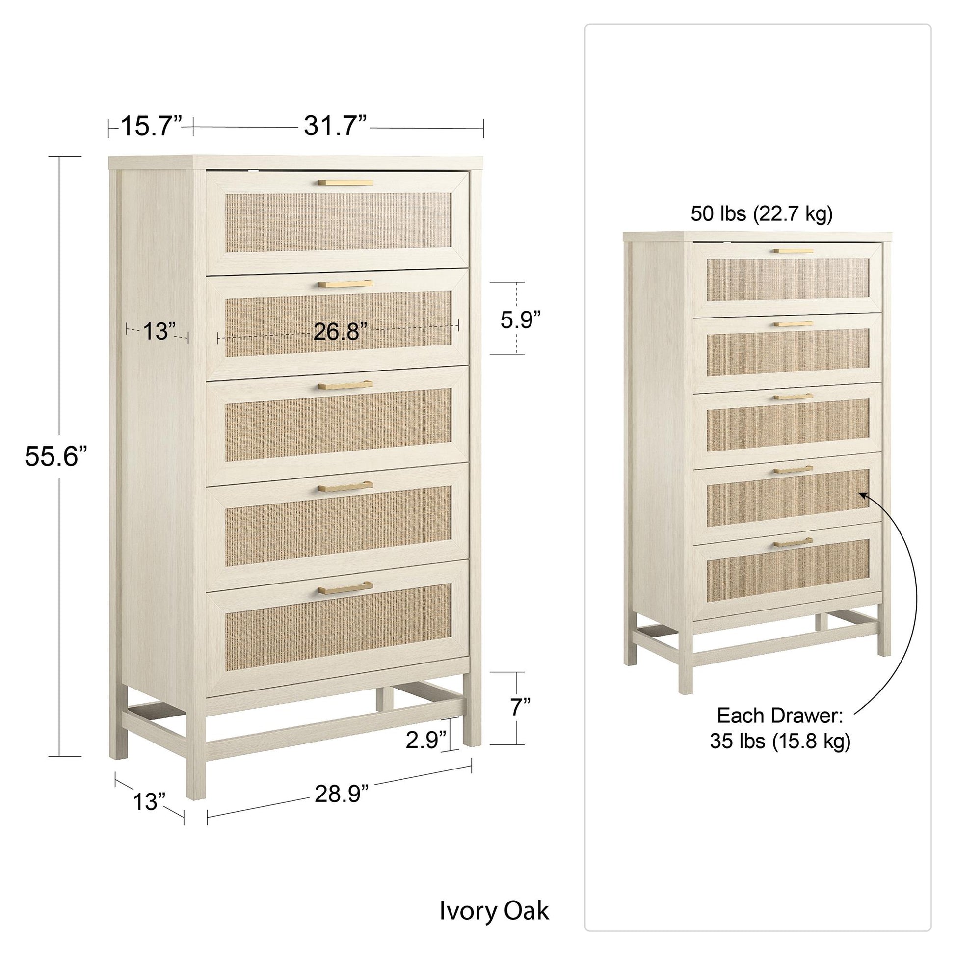 Lennon 5 Drawer Dresser with Faux Rattan and Gold Metal Handles - Ivory Oak