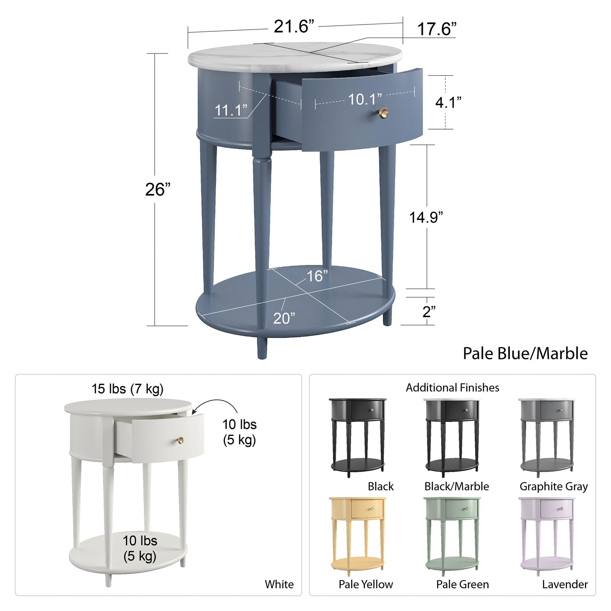 Aurora Rounded End Table with Drawer and Lower Shelf - Black