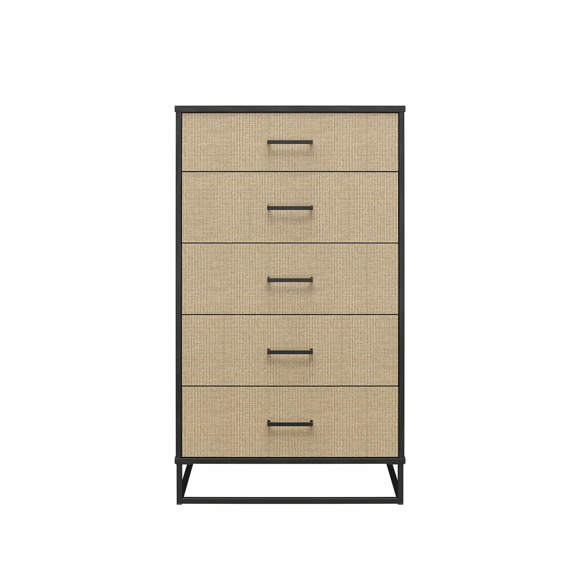 Kelly 5 Drawer Dresser, Faux Rattan & Black Oak - Black Oak