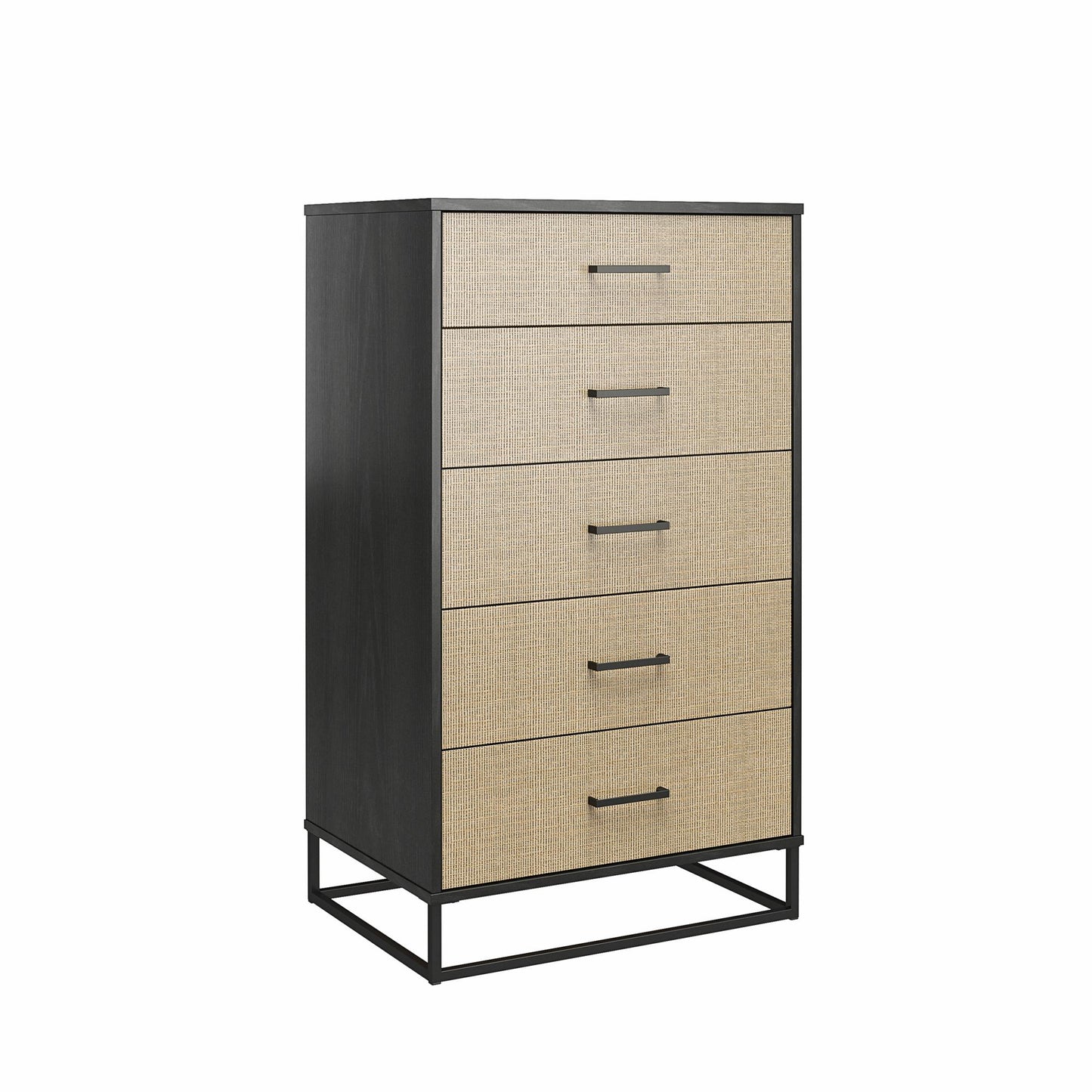 Kelly 5 Drawer Dresser, Faux Rattan & Black Oak - Black Oak