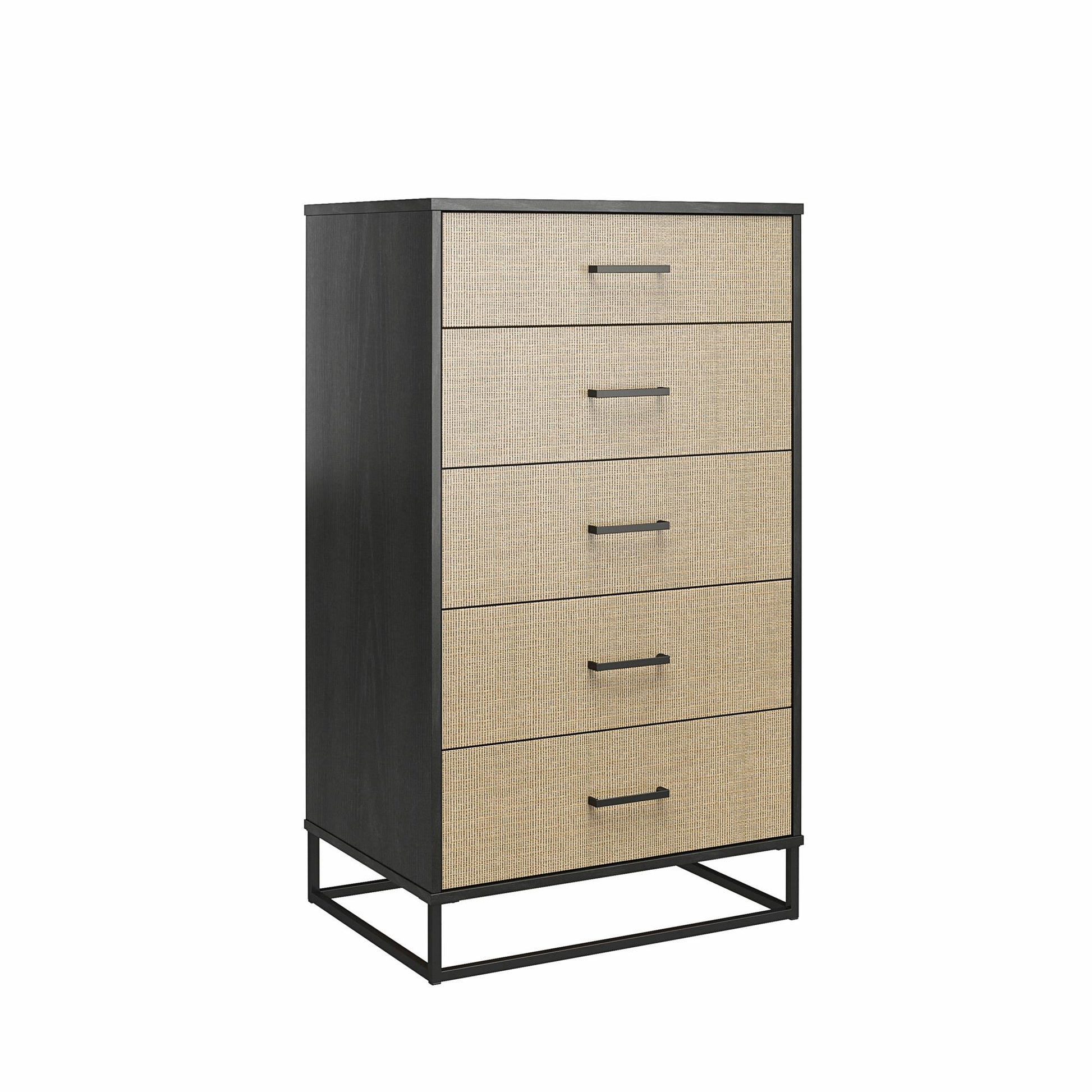 Kelly 5 Drawer Dresser, Faux Rattan & Black Oak - Black Oak