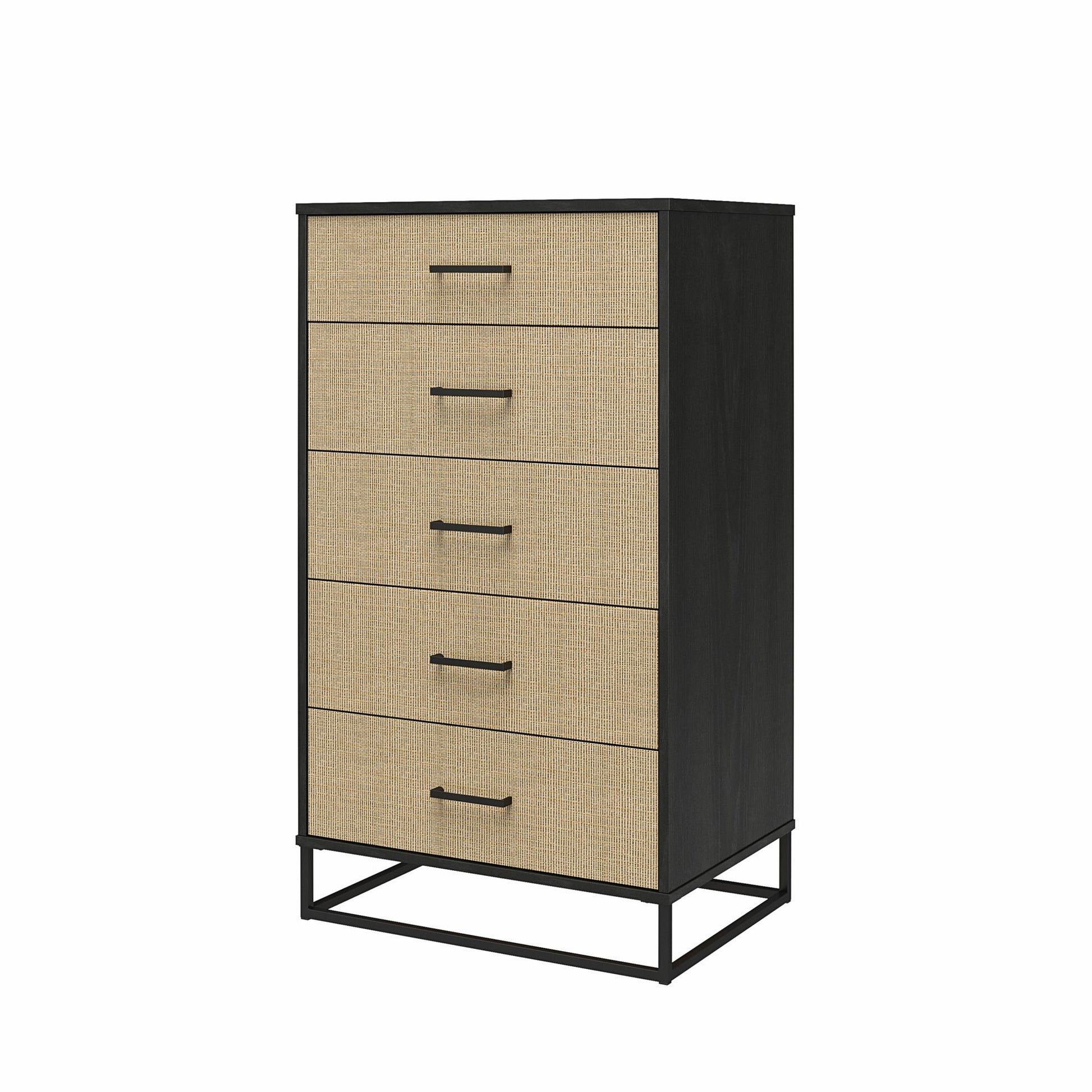 Kelly 5 Drawer Dresser, Faux Rattan & Black Oak - Black Oak