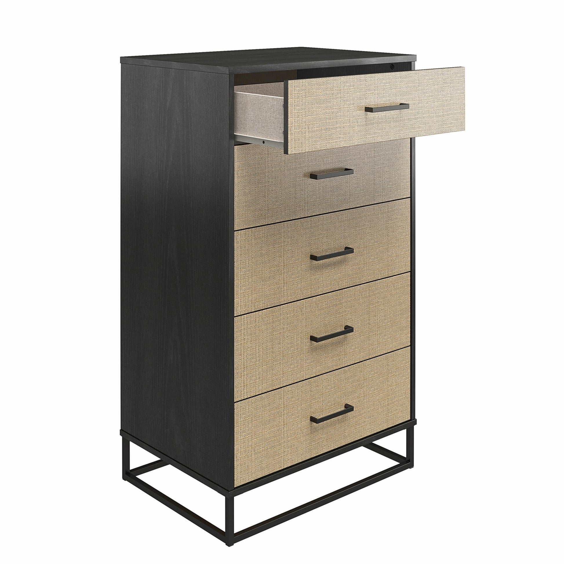 Kelly 5 Drawer Dresser, Faux Rattan & Black Oak - Black Oak