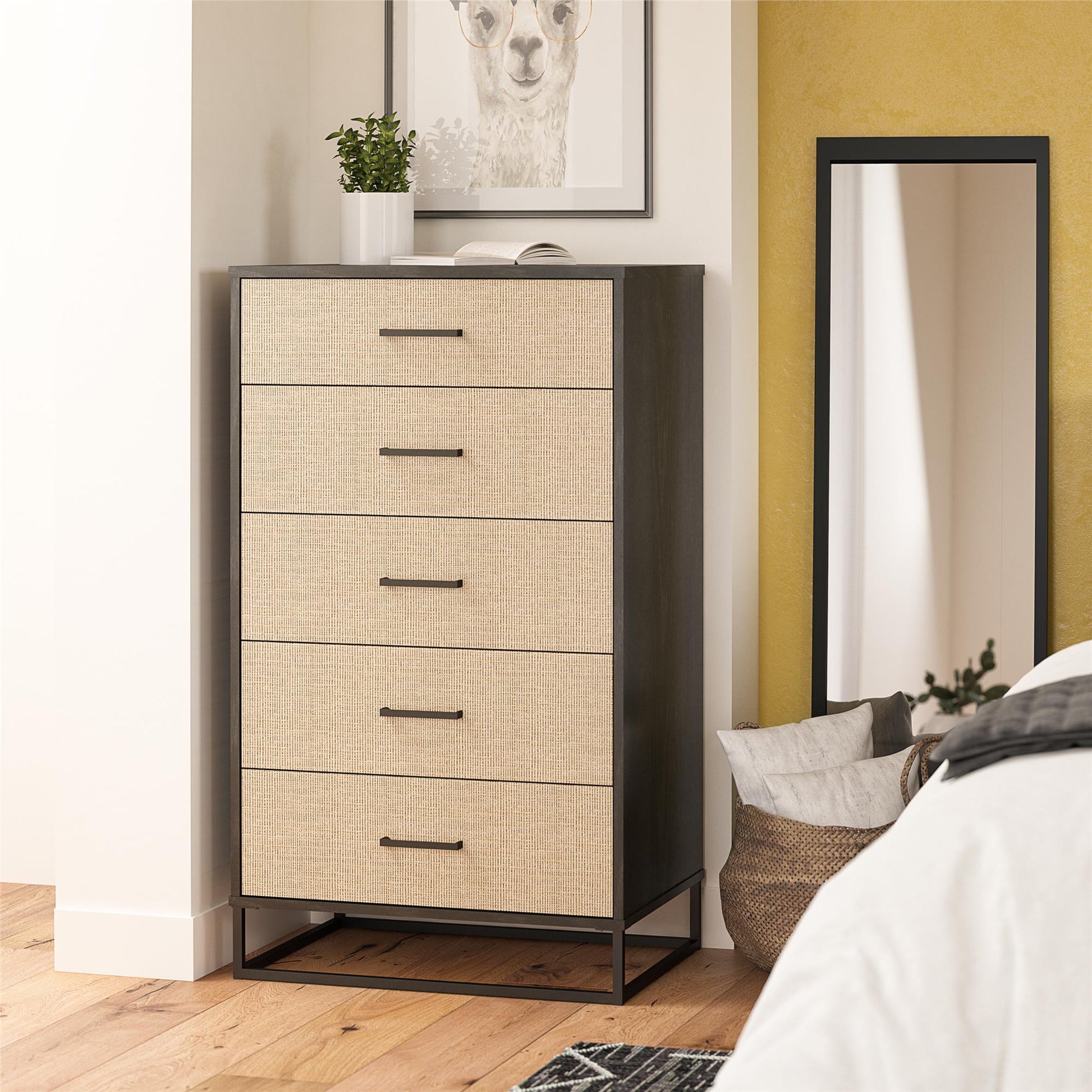 Kelly 5 Drawer Dresser, Faux Rattan & Black Oak - Black Oak